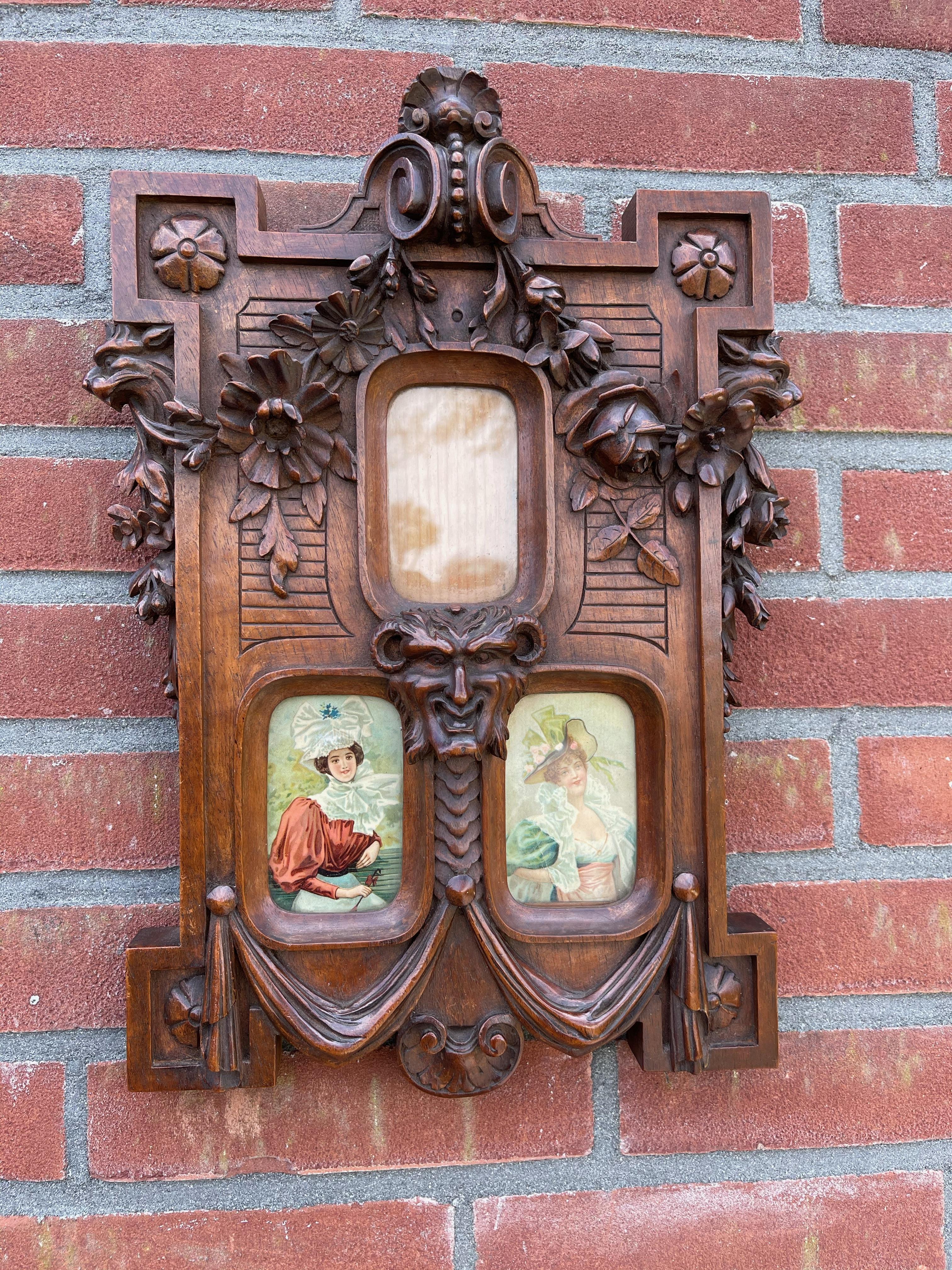 Rare Late 1800s Finely Hand Carved Flowers & Satyr Sculptural Picture Frame For Sale 4