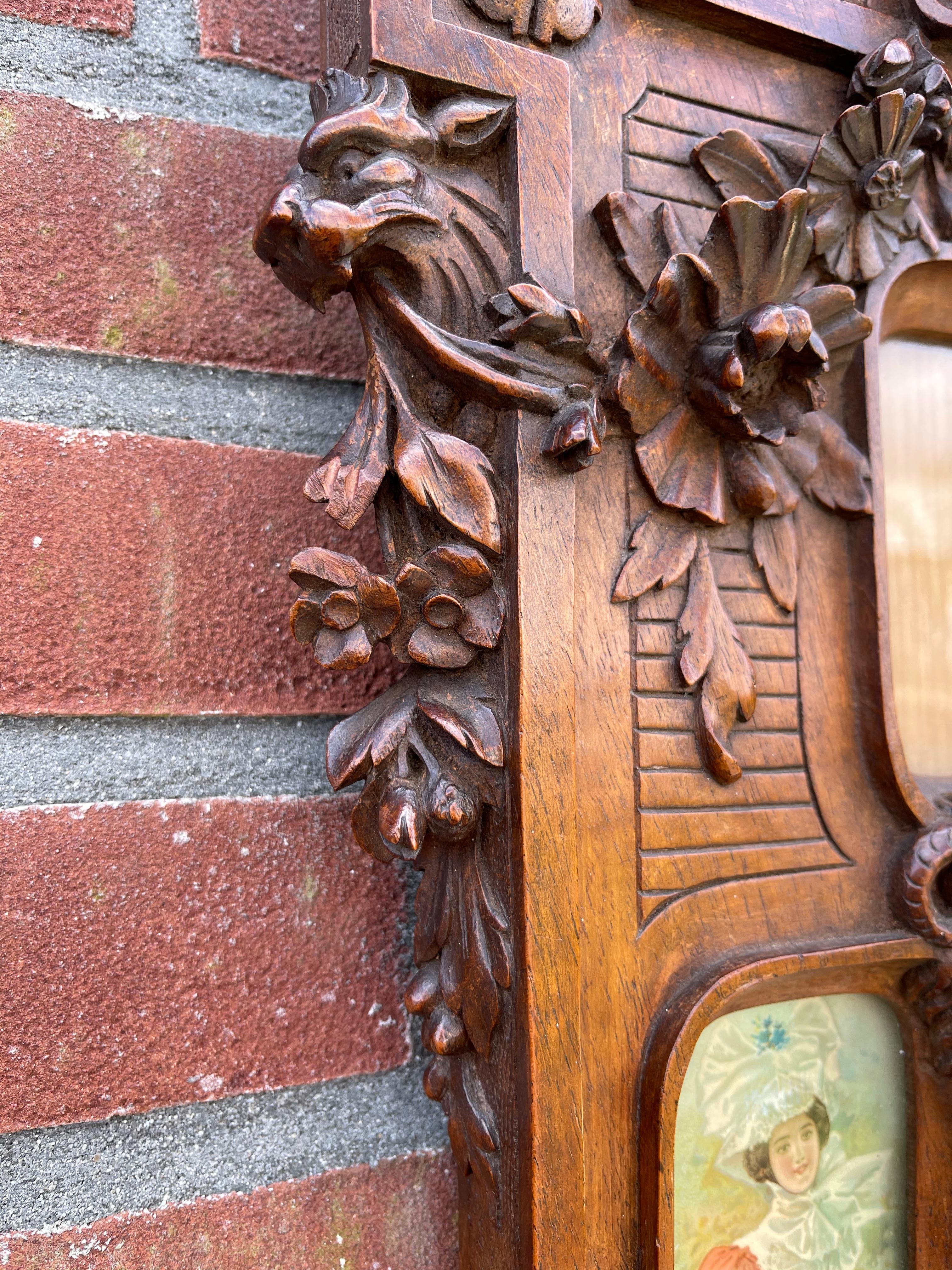 Rare Late 1800s Finely Hand Carved Flowers & Satyr Sculptural Picture Frame For Sale 8