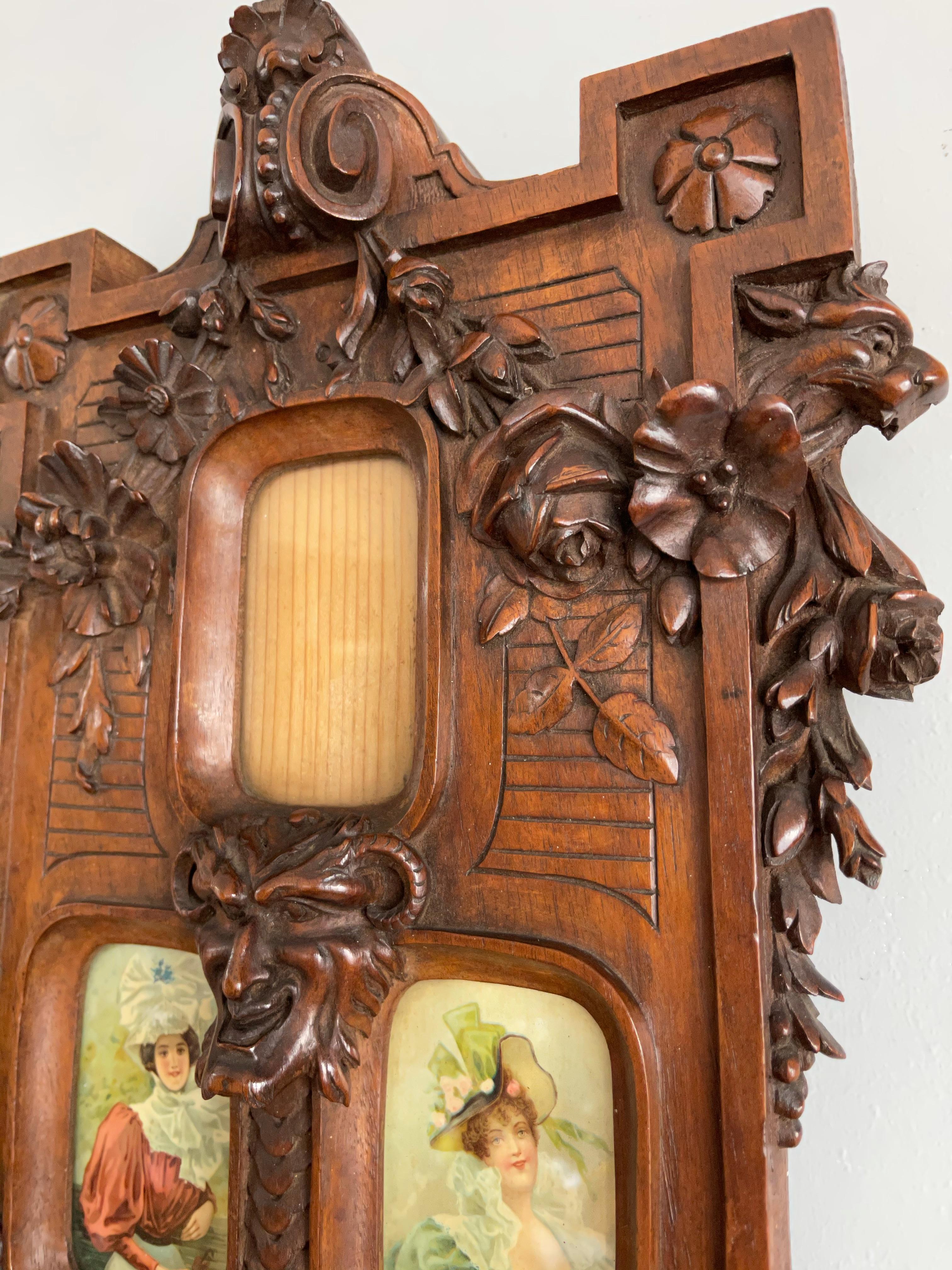 Rare Late 1800s Finely Hand Carved Flowers & Satyr Sculptural Picture Frame For Sale 12