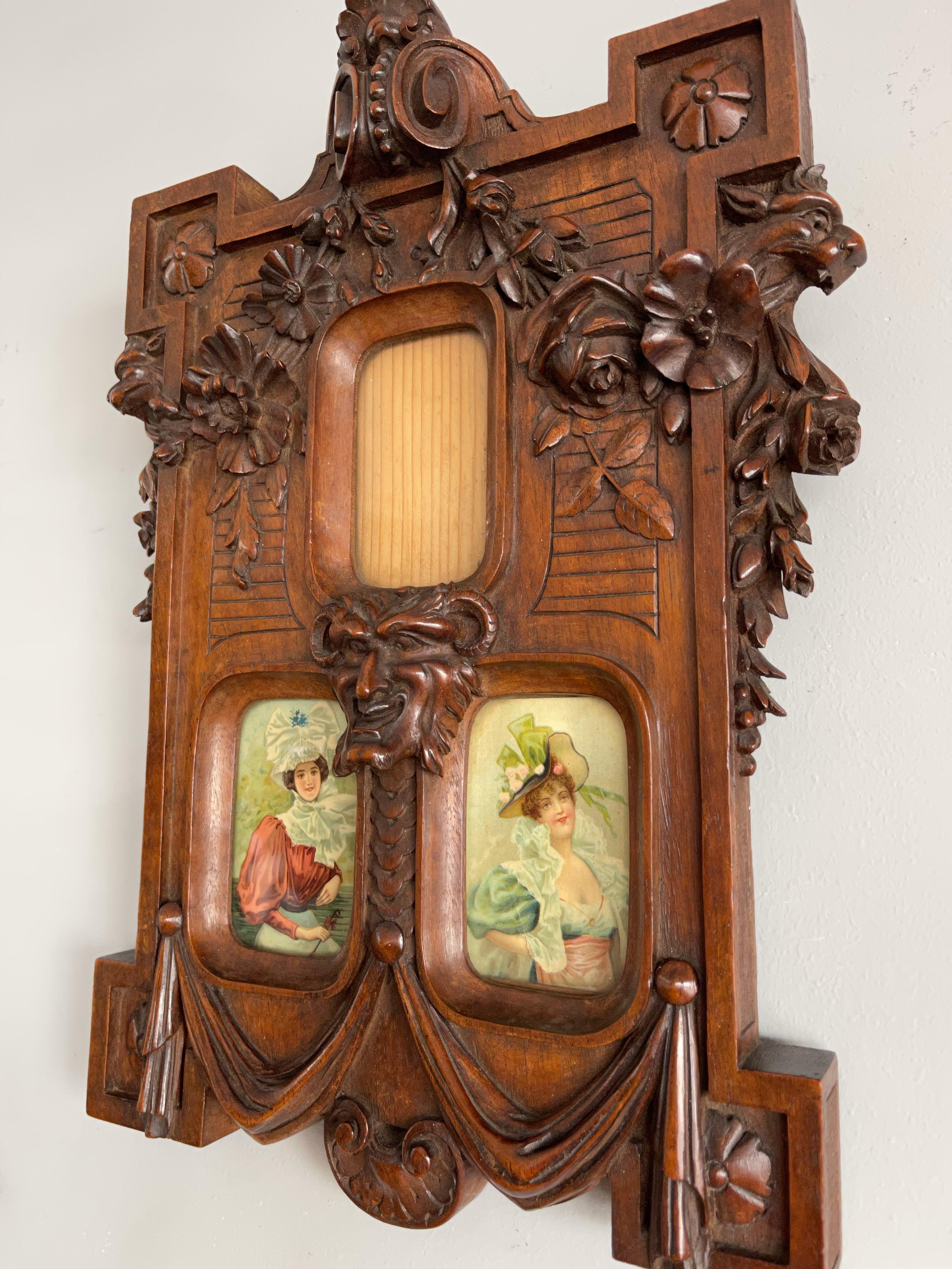 French Rare Late 1800s Finely Hand Carved Flowers & Satyr Sculptural Picture Frame For Sale