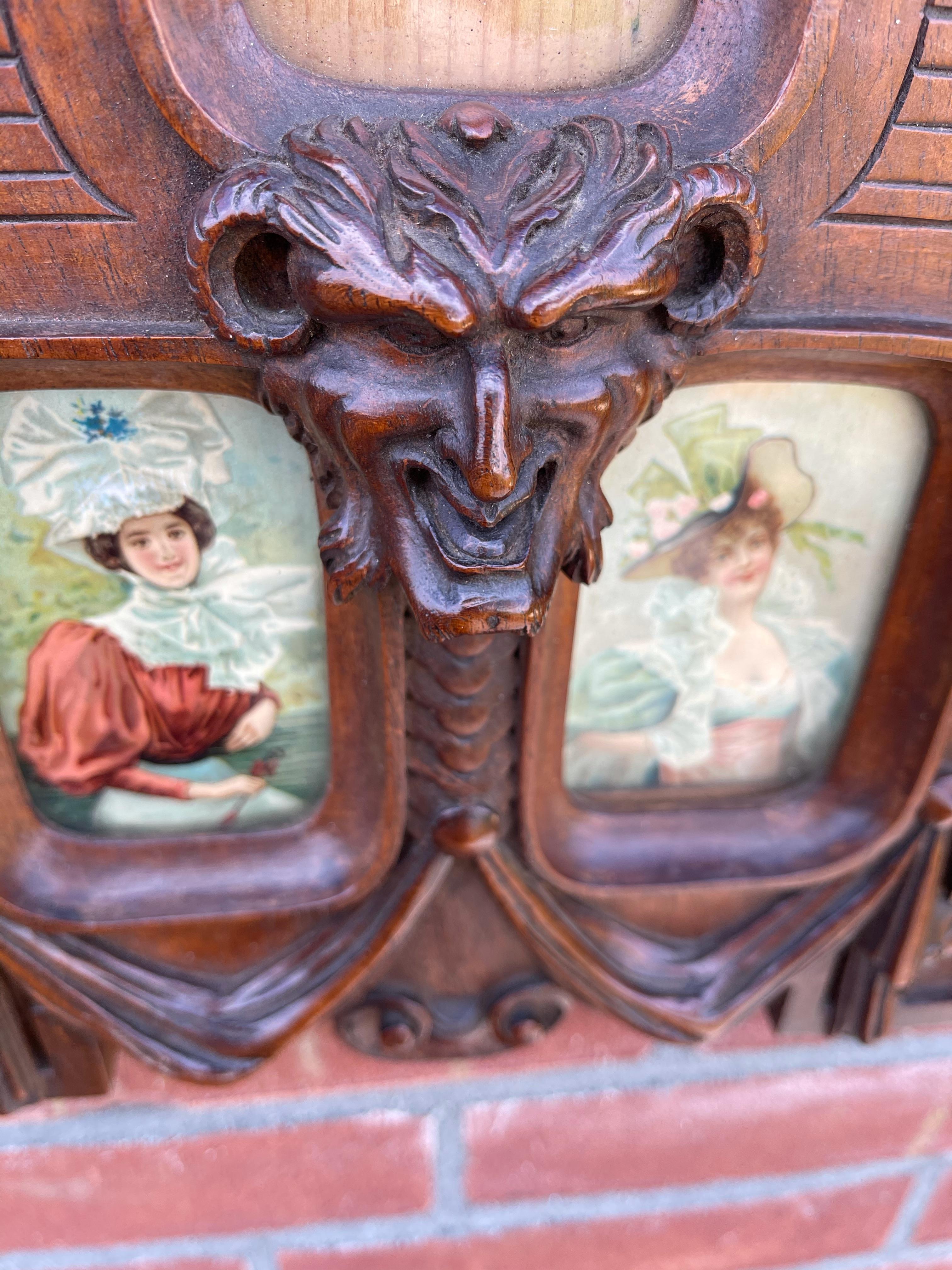 Hand-Crafted Rare Late 1800s Finely Hand Carved Flowers & Satyr Sculptural Picture Frame For Sale