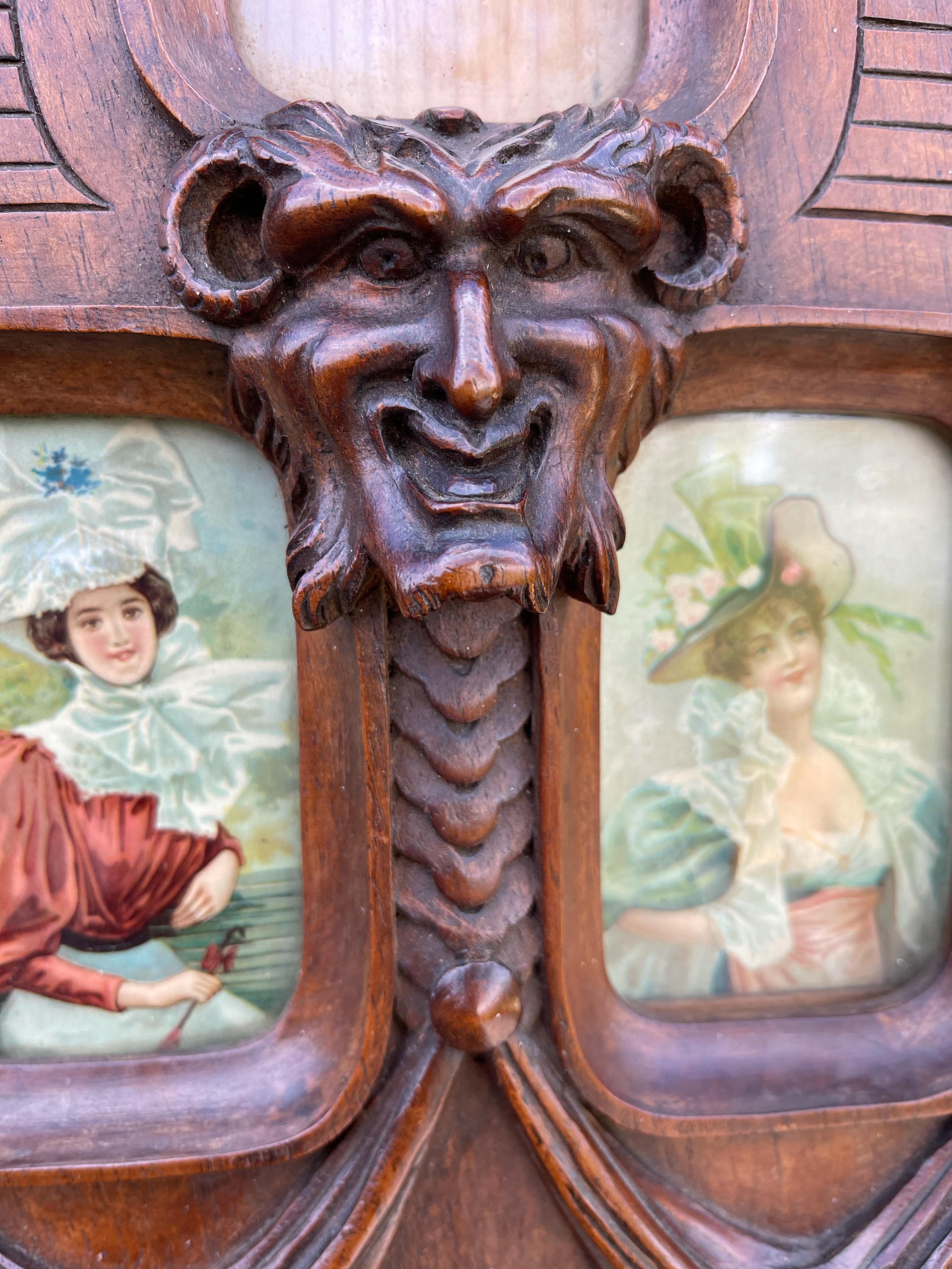 Rare Late 1800s Finely Hand Carved Flowers & Satyr Sculptural Picture Frame In Good Condition For Sale In Lisse, NL