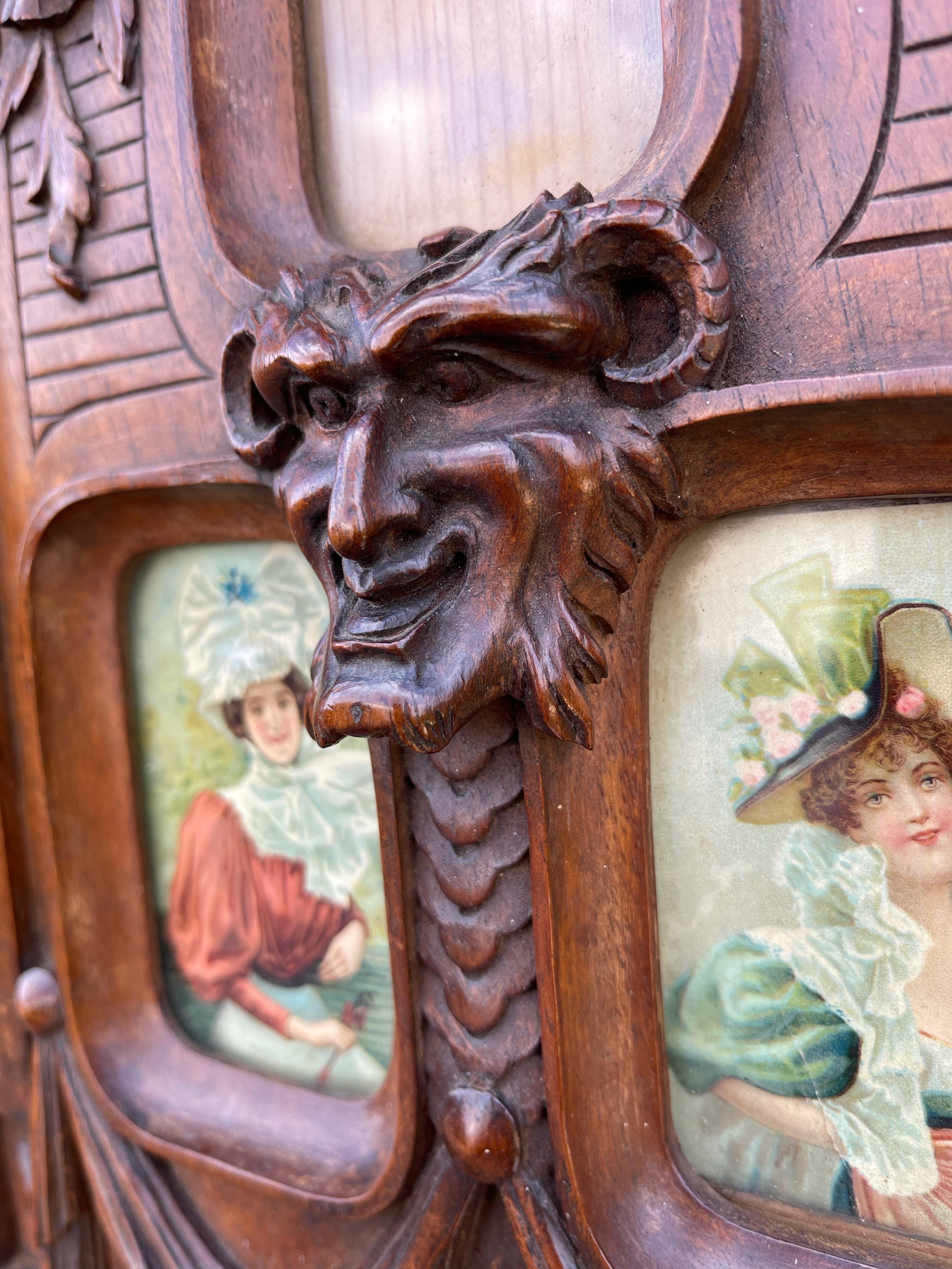 19th Century Rare Late 1800s Finely Hand Carved Flowers & Satyr Sculptural Picture Frame For Sale