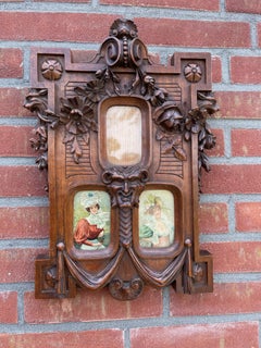 Rare Late 1800s Finely Hand Carved Flowers & Satyr Sculptural Picture Frame