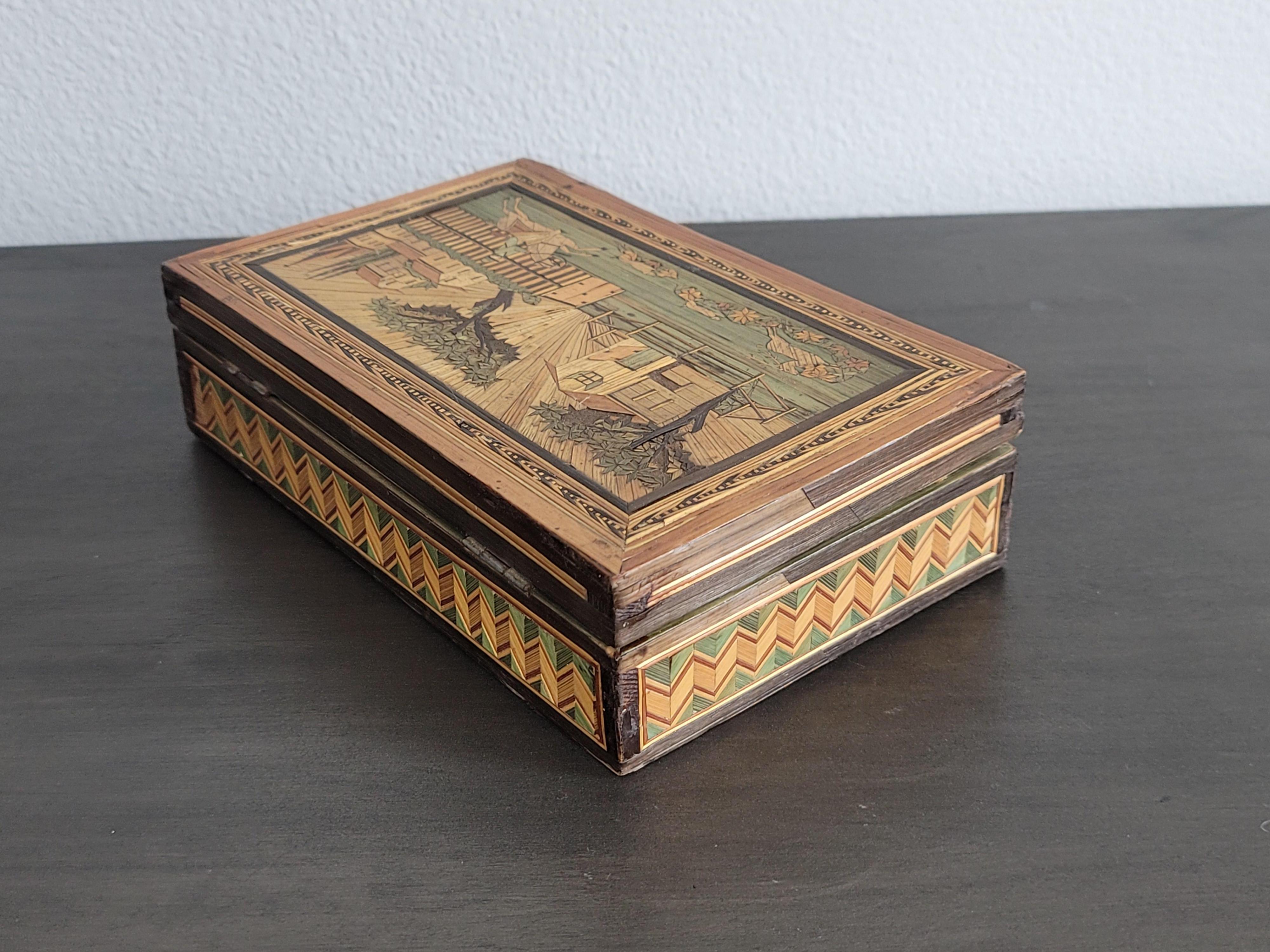 Rare Late 18th/Early 19th Century French Colored Straw Marquetry Sewing Box For Sale 8