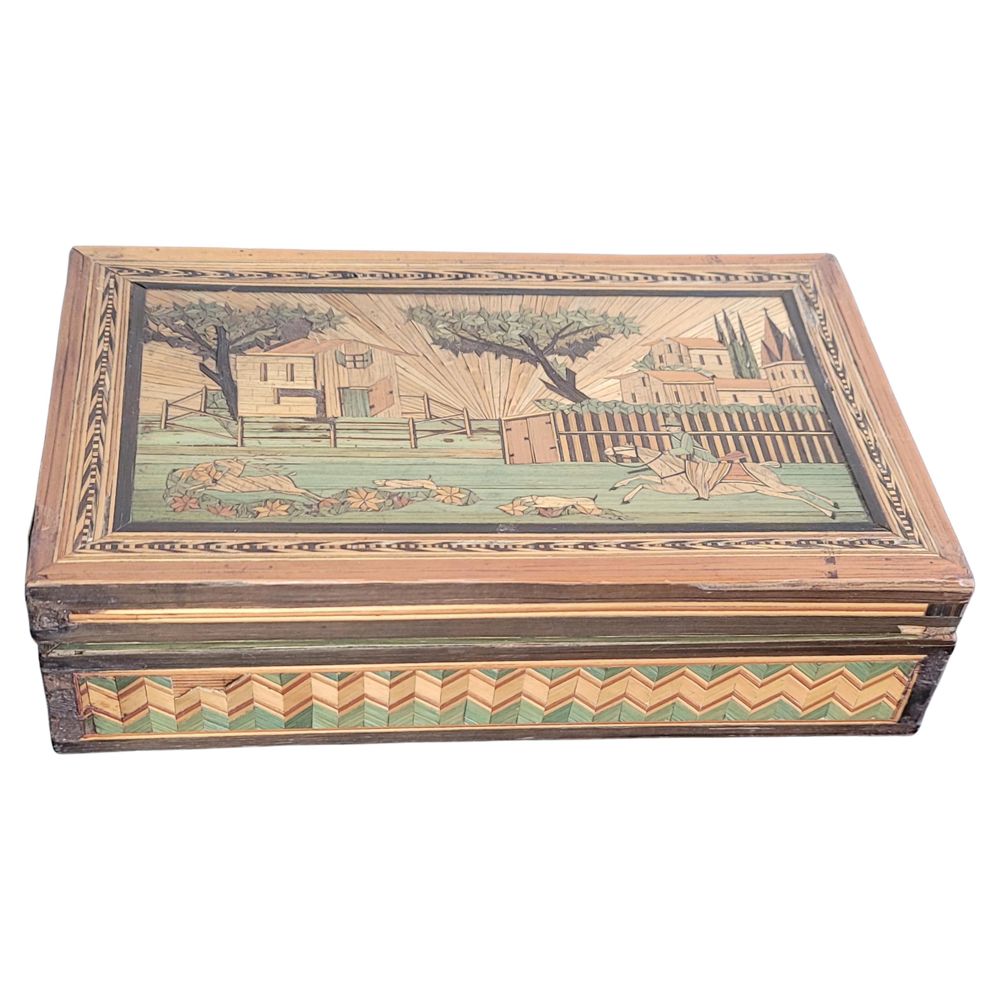 Rare Late 18th/Early 19th Century French Colored Straw Marquetry Sewing Box For Sale