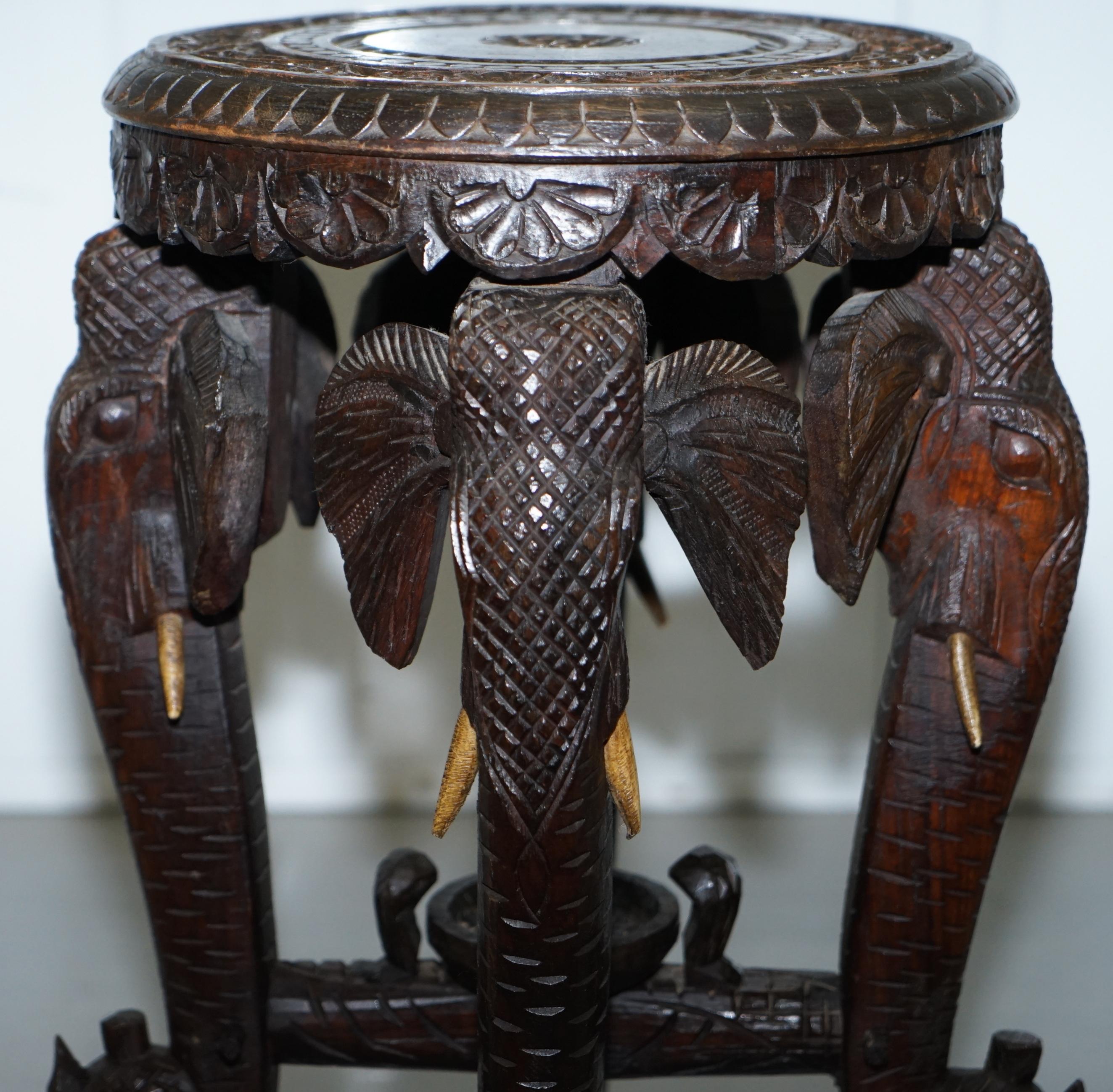 Rare Late 19th Century Anglo Indian Hand Carved Elephant Side Table Unique Model 7
