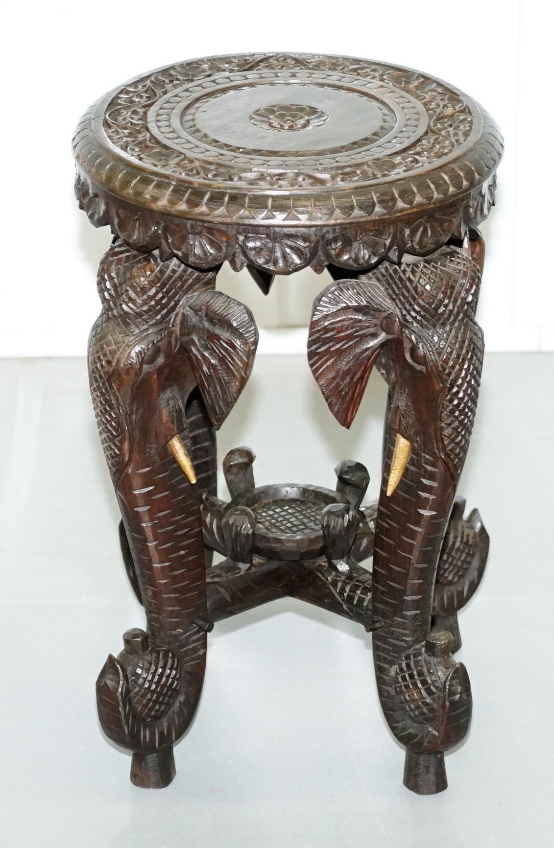 We are delighted to offer for sale this highly collectable and very rare Anglo Indian hand carved rosewood side table of elephants heads

These tables are quite rare in themselves however finding one this small is unheard of, they are usually