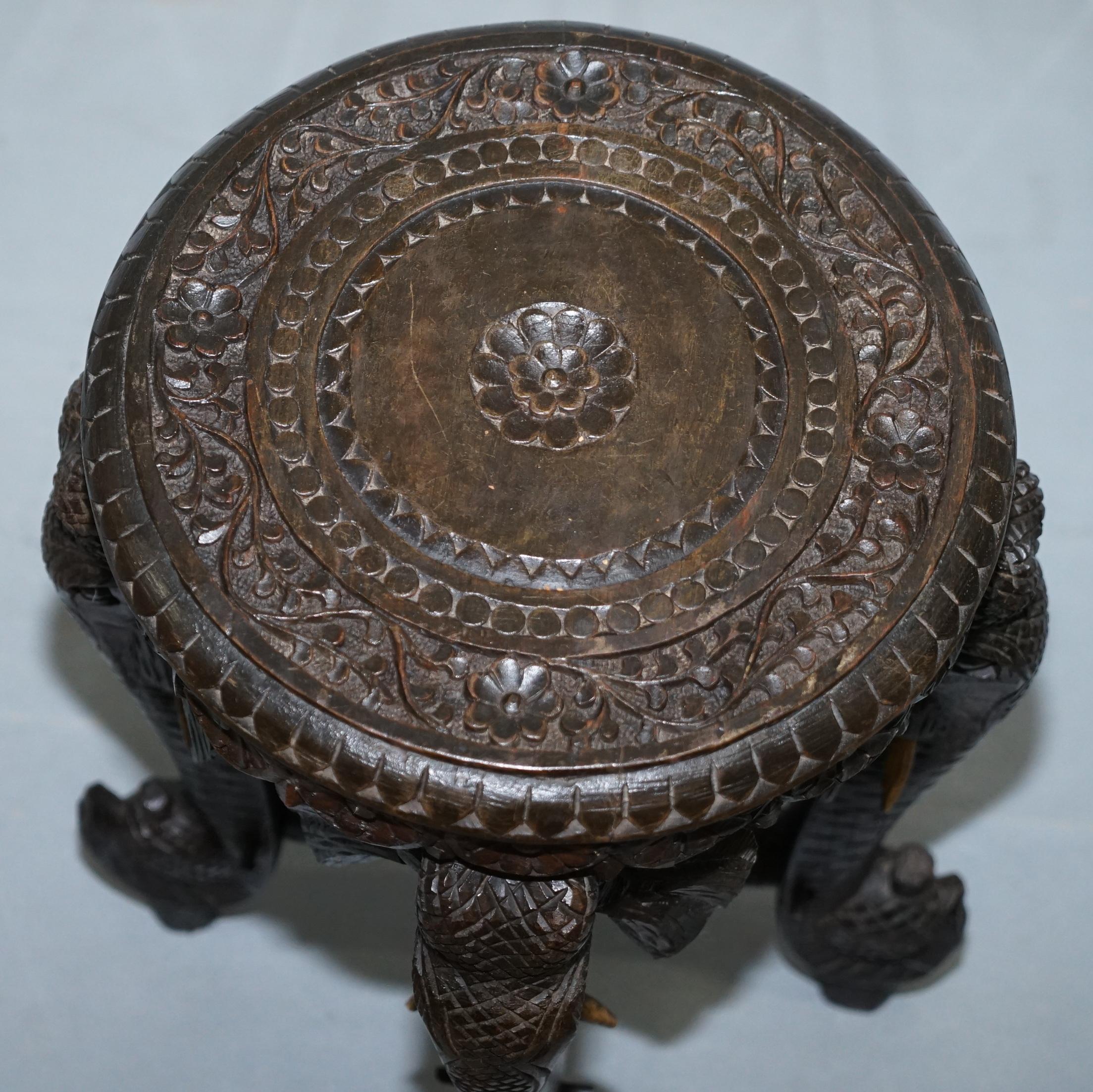 Anglo-Indian Rare Late 19th Century Anglo Indian Hand Carved Elephant Side Table Unique Model