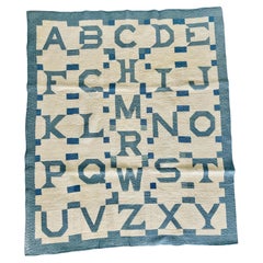 Rare Late 19th Century Blue & White Alphabet Quilt with Exquisite Quilting