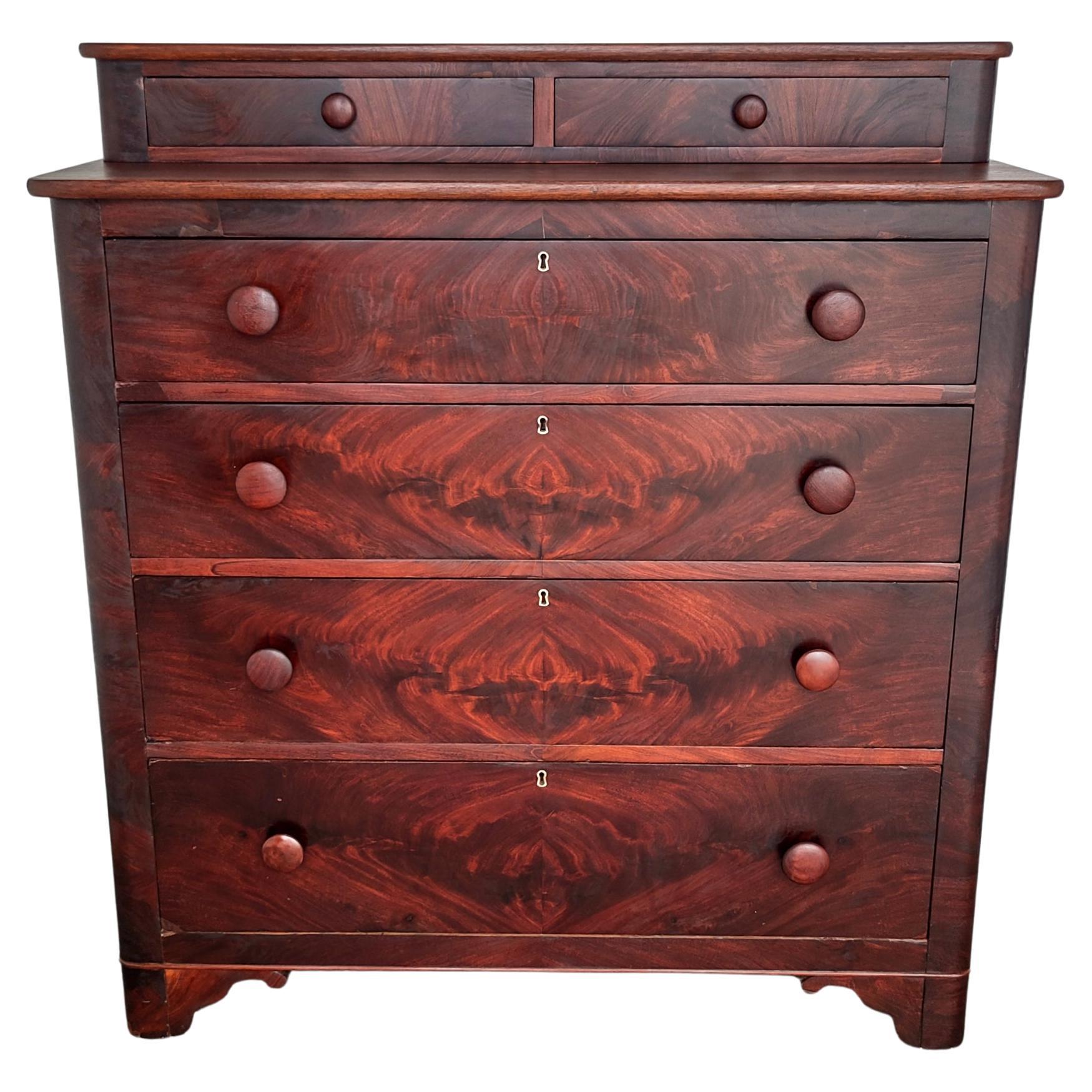 Rare Late 19th Century Flame Walnut Highboy Dresser English Empire Antique For Sale