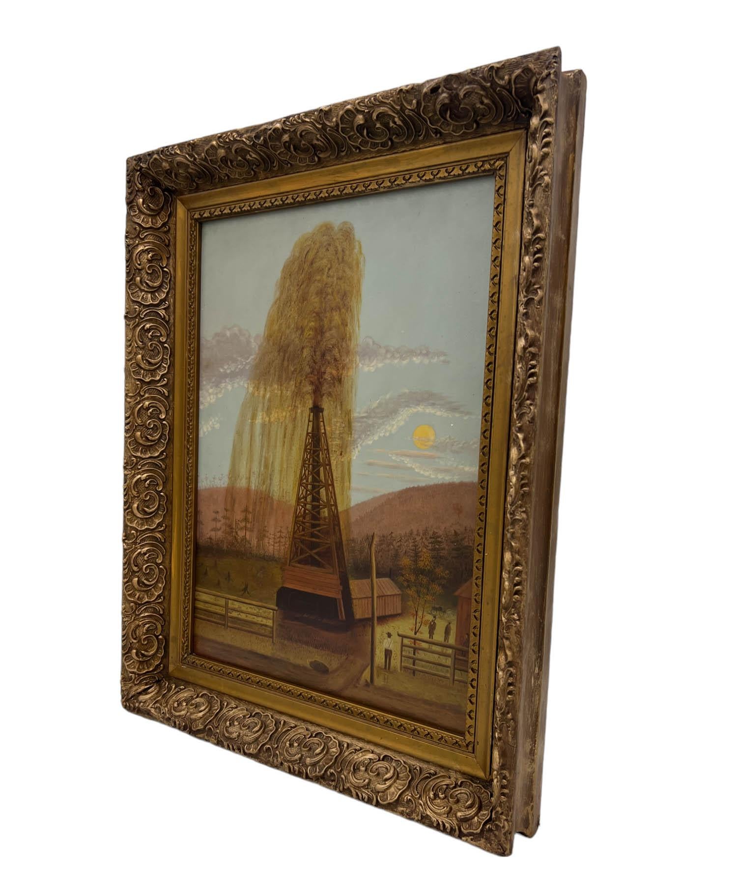 Presenting a captivating and historically significant folk art painting from the late 19th century: an oil rig scene believed to date circa 1892. This remarkable artwork, executed in oil on board, offers a rare glimpse into the early depictions of