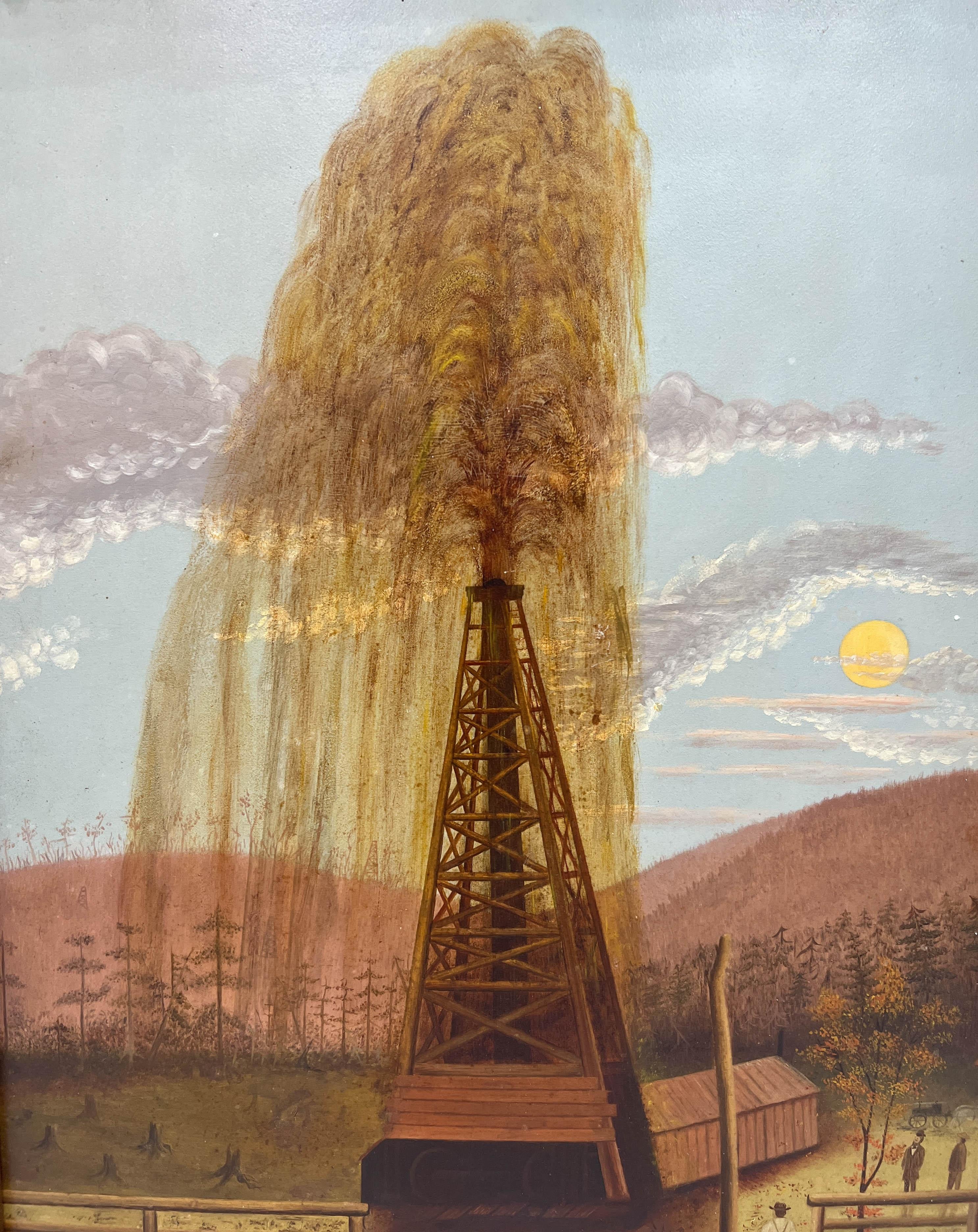 Seltenes Gemälde eines Ölbohrlochs aus dem späten 19. (Volkskunst) im Angebot