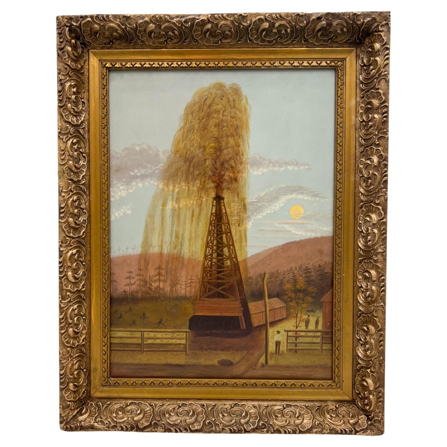Rare Late 19th Century Oil Well Derrick Painting For Sale