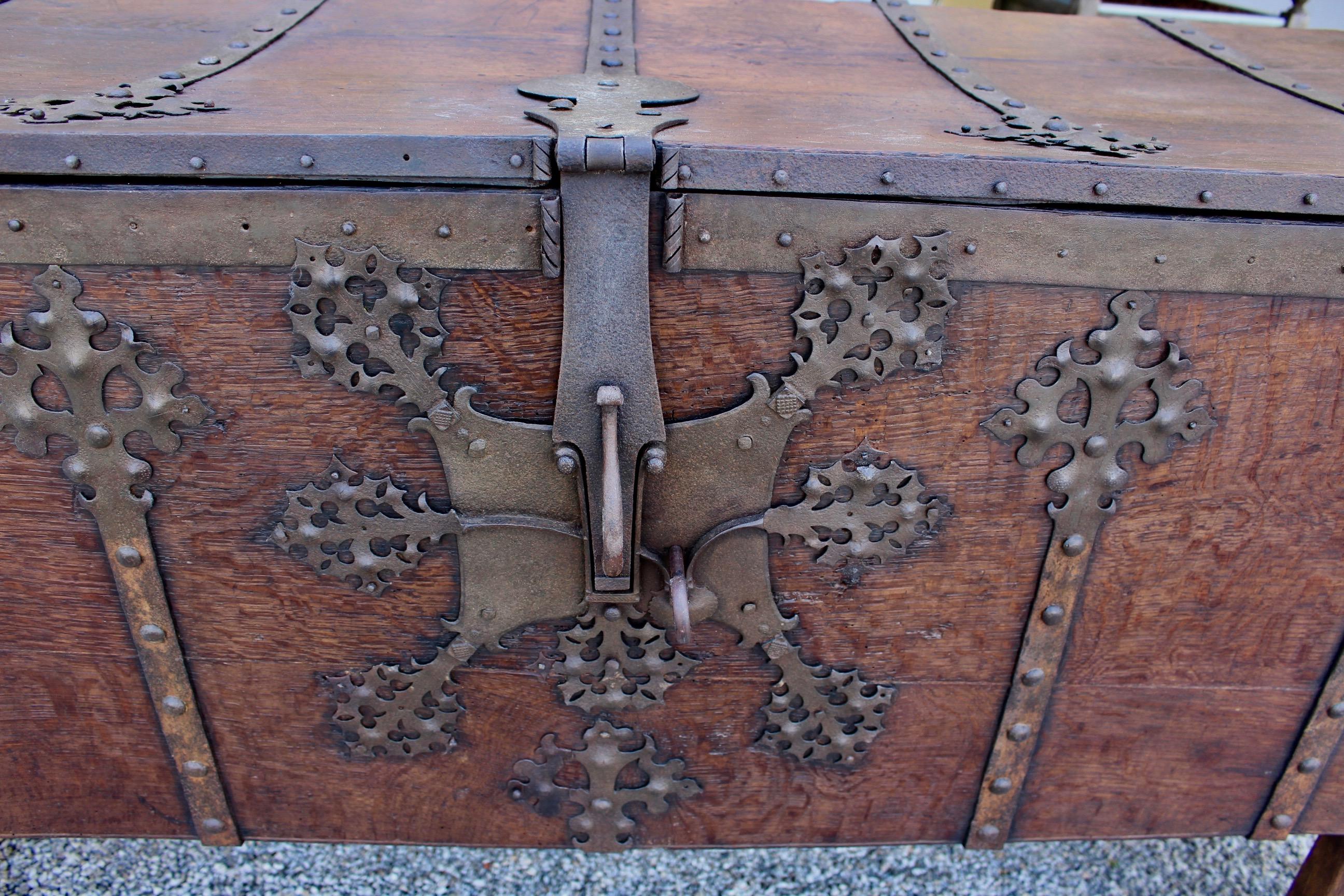 Carved Rare Late Medieval 16th Century German Wrought Iron Oak Chest or Stollentruhe For Sale