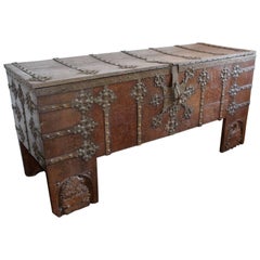 Rare Late Medieval 16th Century German Wrought Iron Oak Chest or Stollentruhe