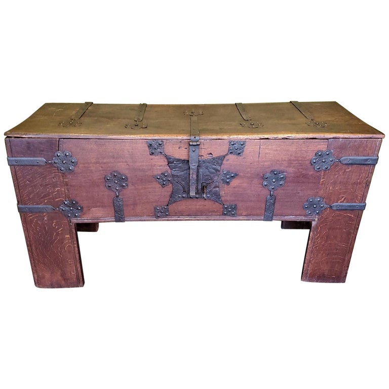 Rare Late Medieval 16th Century German Wrought Iron Oak Chest or Stollentruhe For Sale