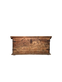 Rare Late Medieval Walnut and Chestnut Wood Chest with Carved Floral and Bird Mo