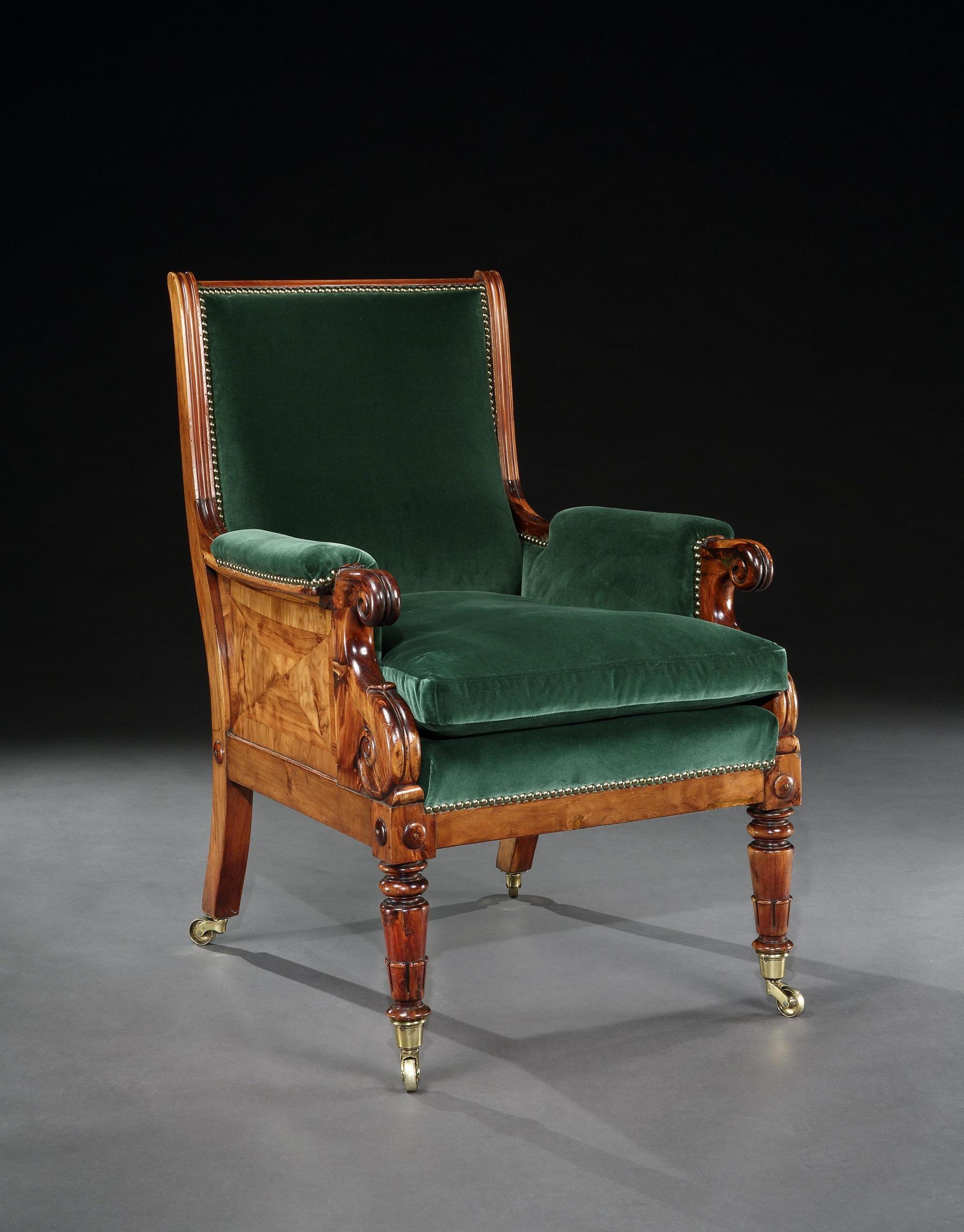 British Rare Late Regency Yew Wood Library Bergère Armchair
