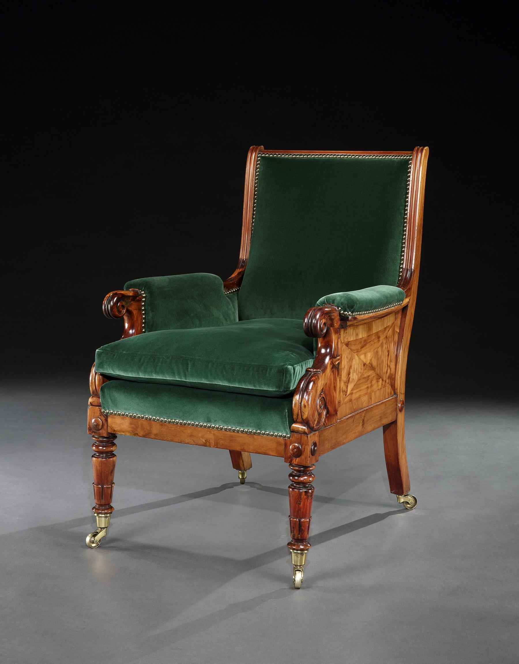 19th Century Rare Late Regency Yew Wood Library Bergère Armchair
