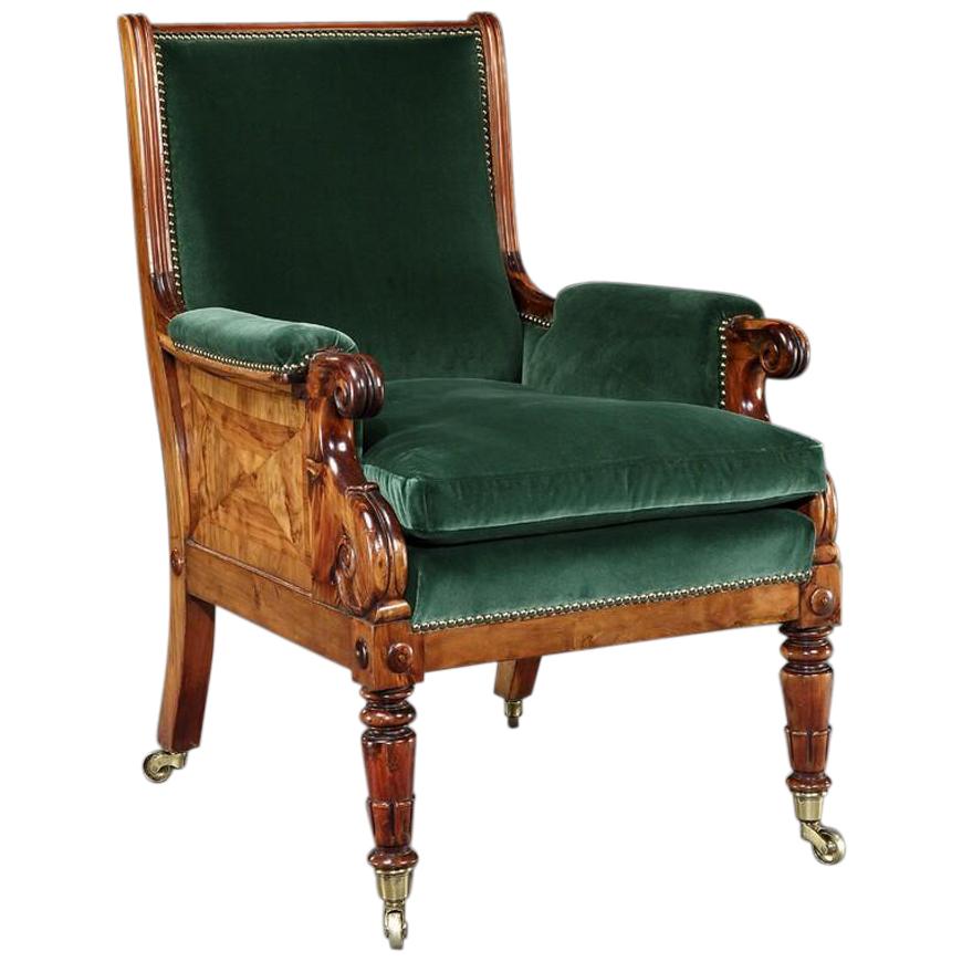 Rare Late Regency Yew Wood Library Bergère Armchair