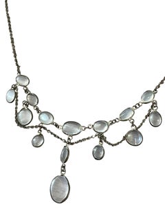 Rare Late Victorian Moonstone and Paste Sterling Silver Draped Necklac