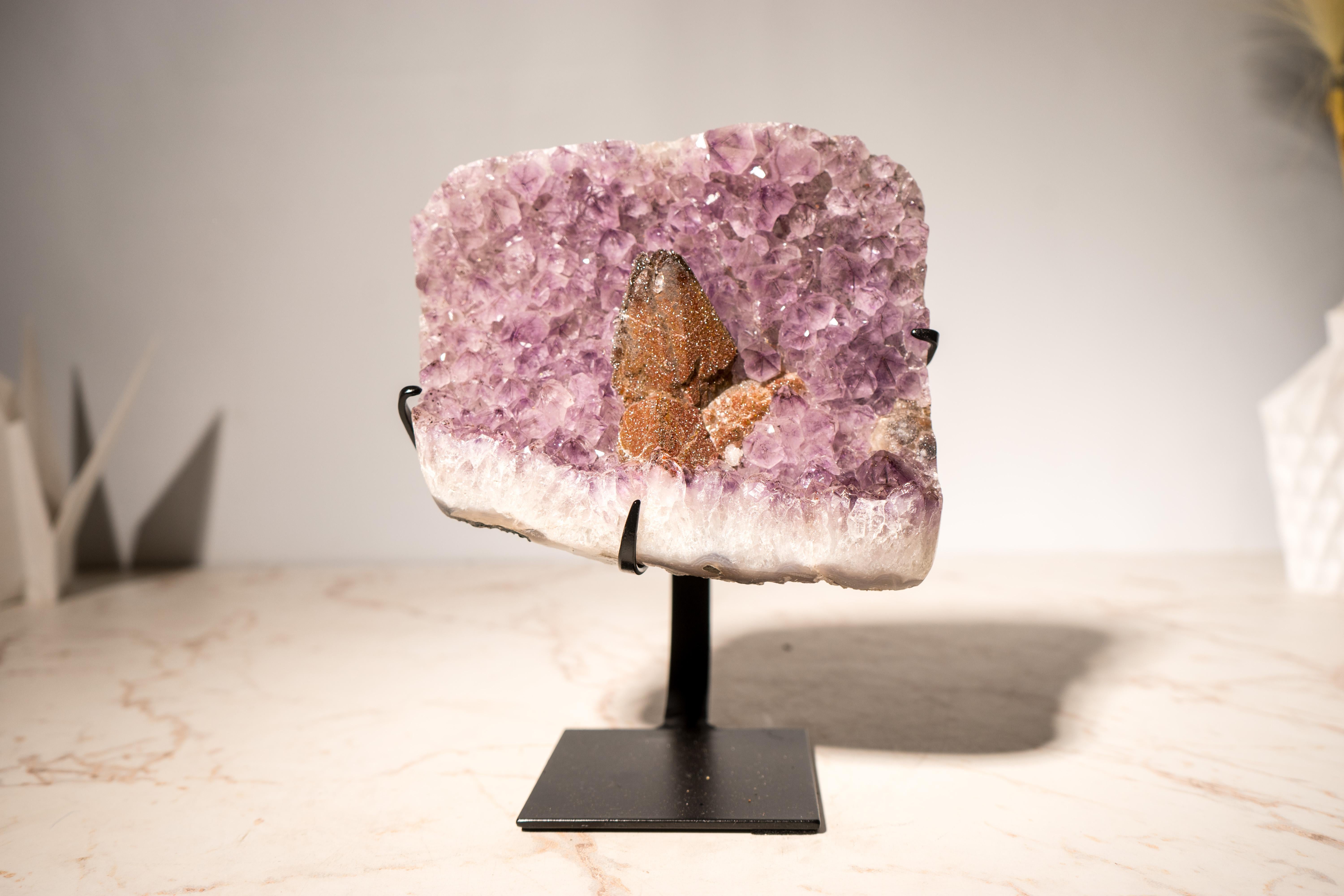 Grappe d'améthyste avec calcite 

▫️ Description

Une grappe d'améthyste présentant une belle formation de calcite naturelle recouverte de druzy de sucre rouge, complétée par une douce nuance de violet lavande. Ce spécimen rare présente une teinte