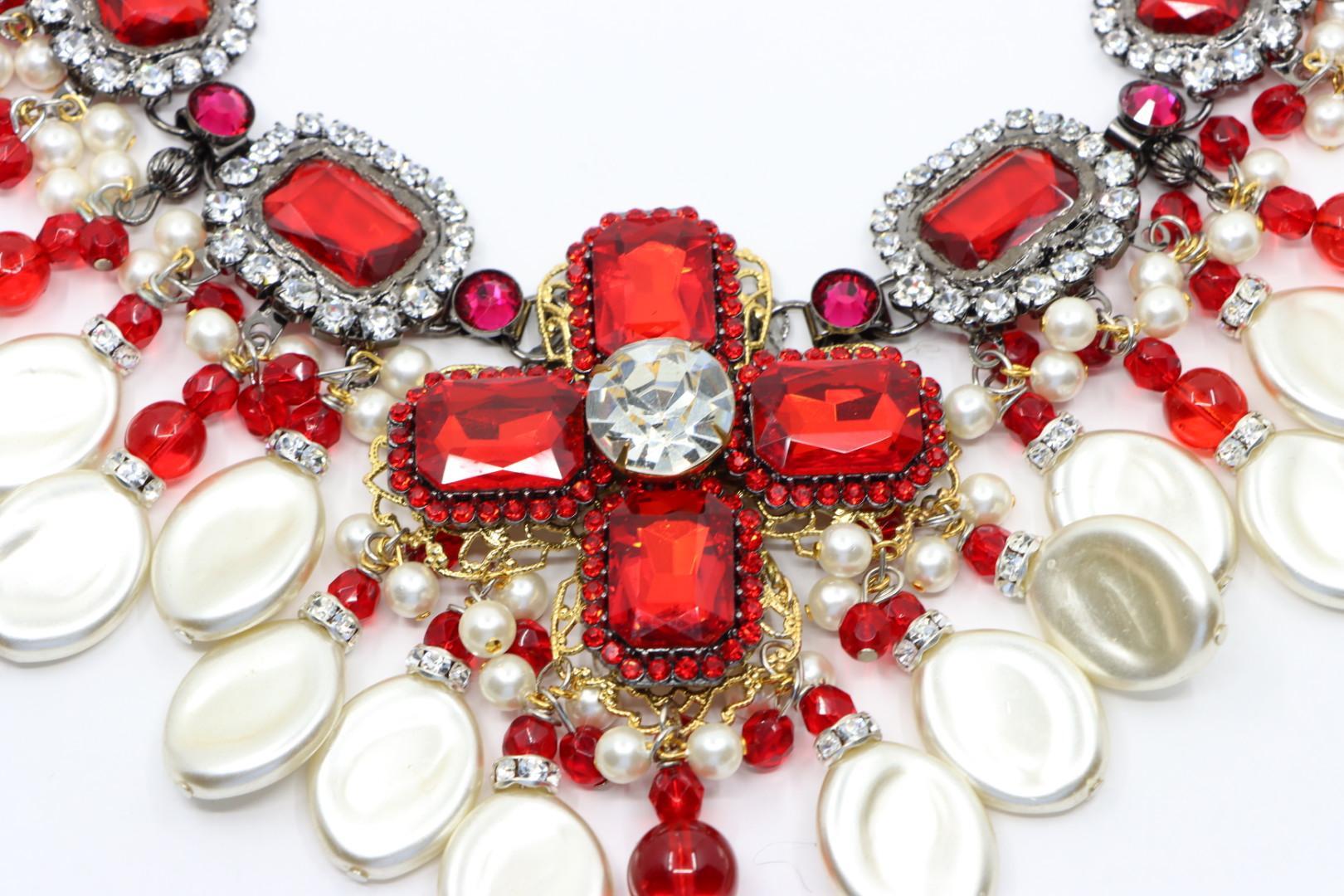 Rare Lawrence Vrba Red Rhinestone Faux Baroque Pearl Necklace & Earrings Parure en vente 6