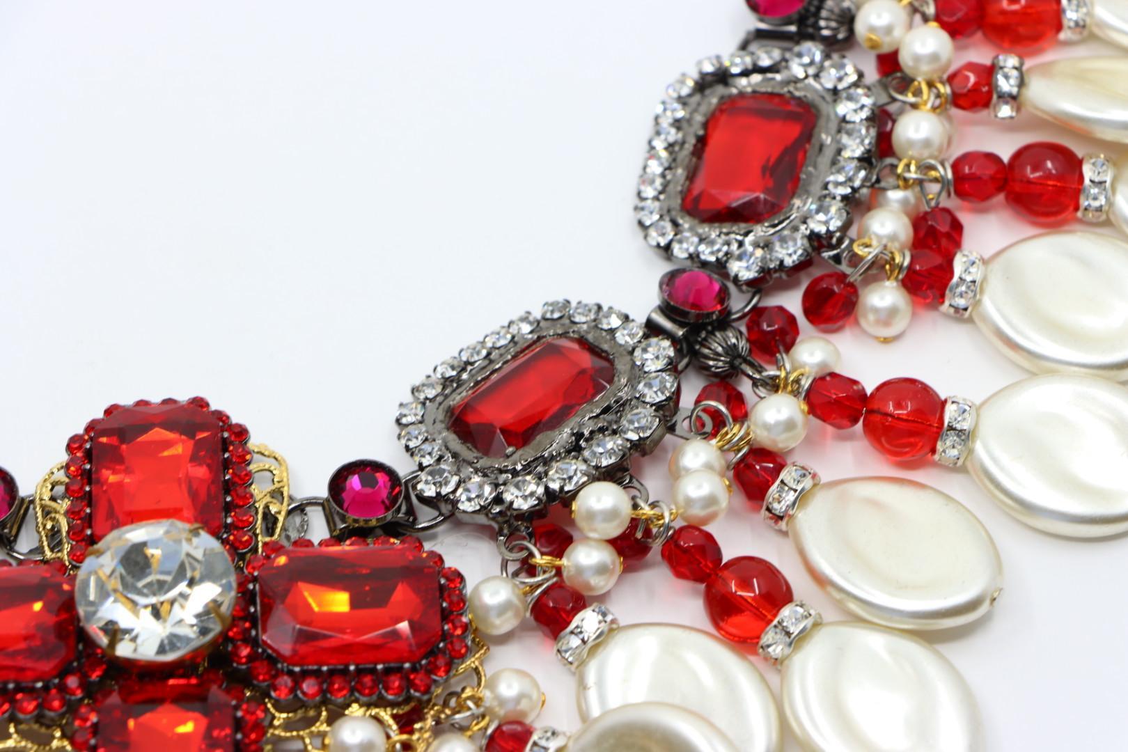 Rare Lawrence Vrba Red Rhinestone Faux Baroque Pearl Necklace & Earrings Parure en vente 7