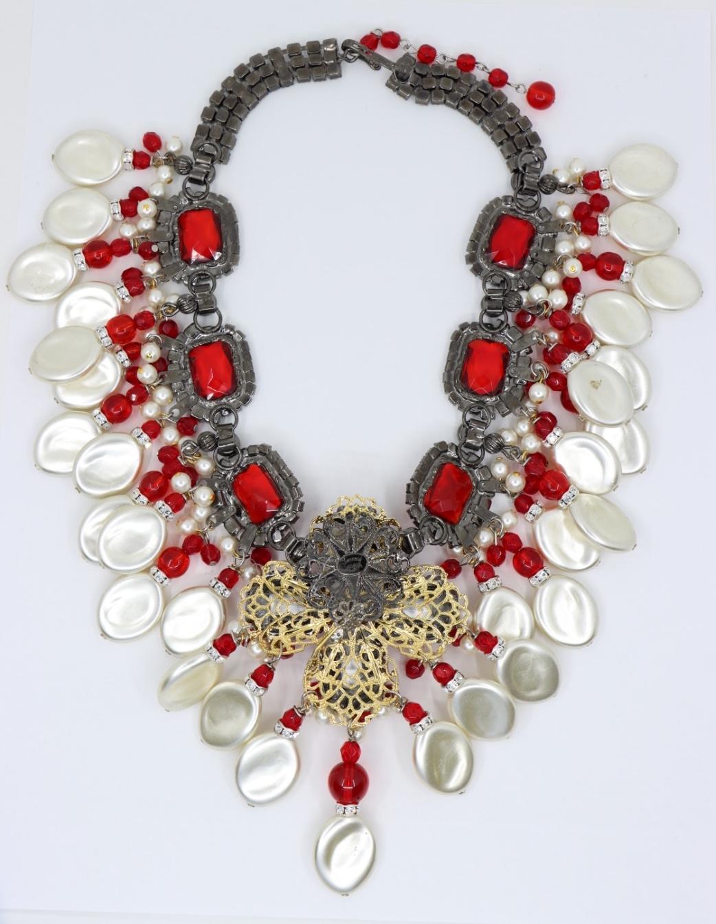 Rare Lawrence Vrba Red Rhinestone Faux Baroque Pearl Necklace & Earrings Parure en vente 8
