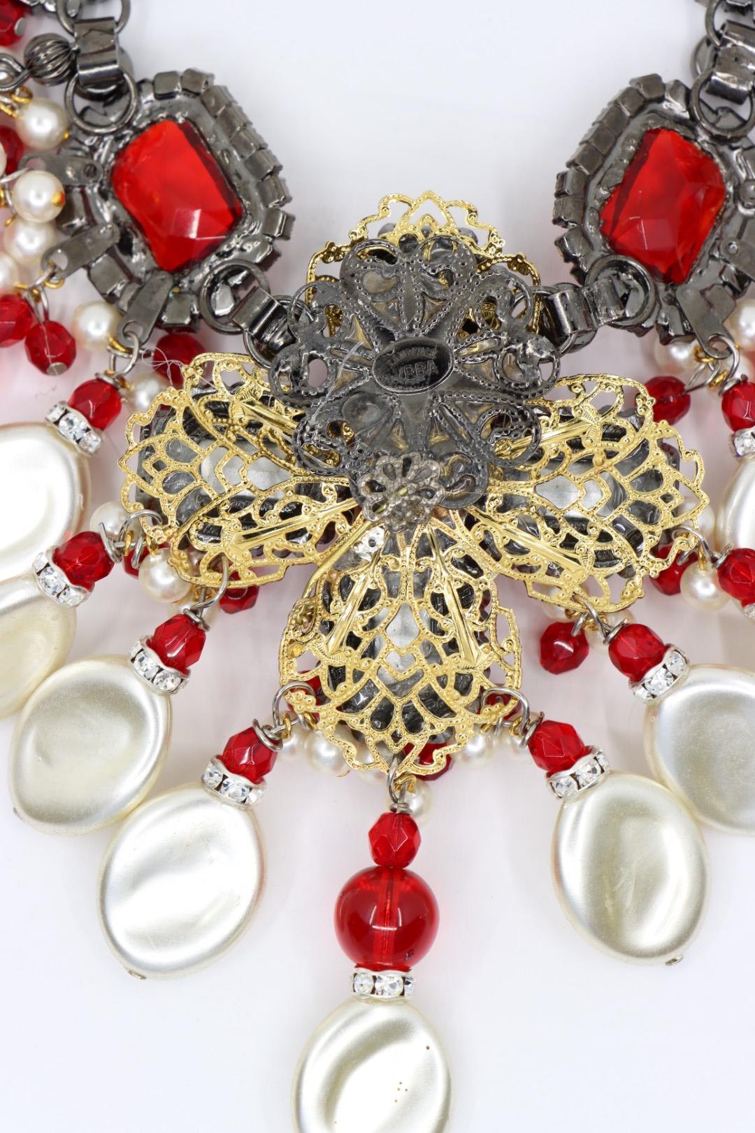 Rare Lawrence Vrba Red Rhinestone Faux Baroque Pearl Necklace & Earrings Parure en vente 9