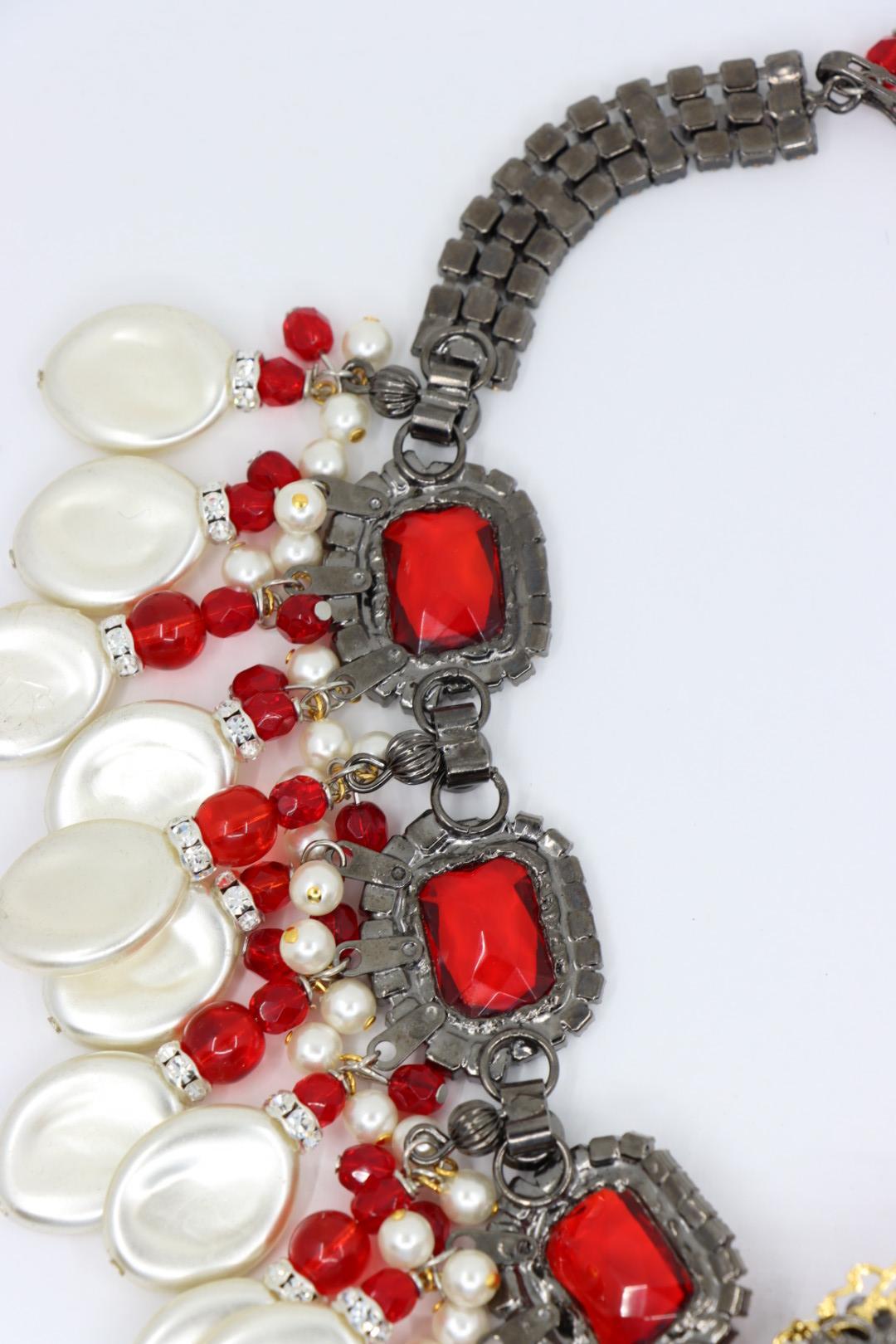 Rare Lawrence Vrba Red Rhinestone Faux Baroque Pearl Necklace & Earrings Parure en vente 10