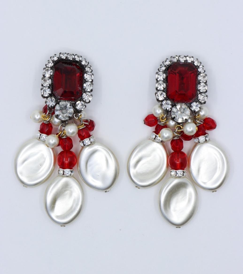 Rare Lawrence Vrba Red Rhinestone Faux Baroque Pearl Necklace & Earrings Parure en vente 12