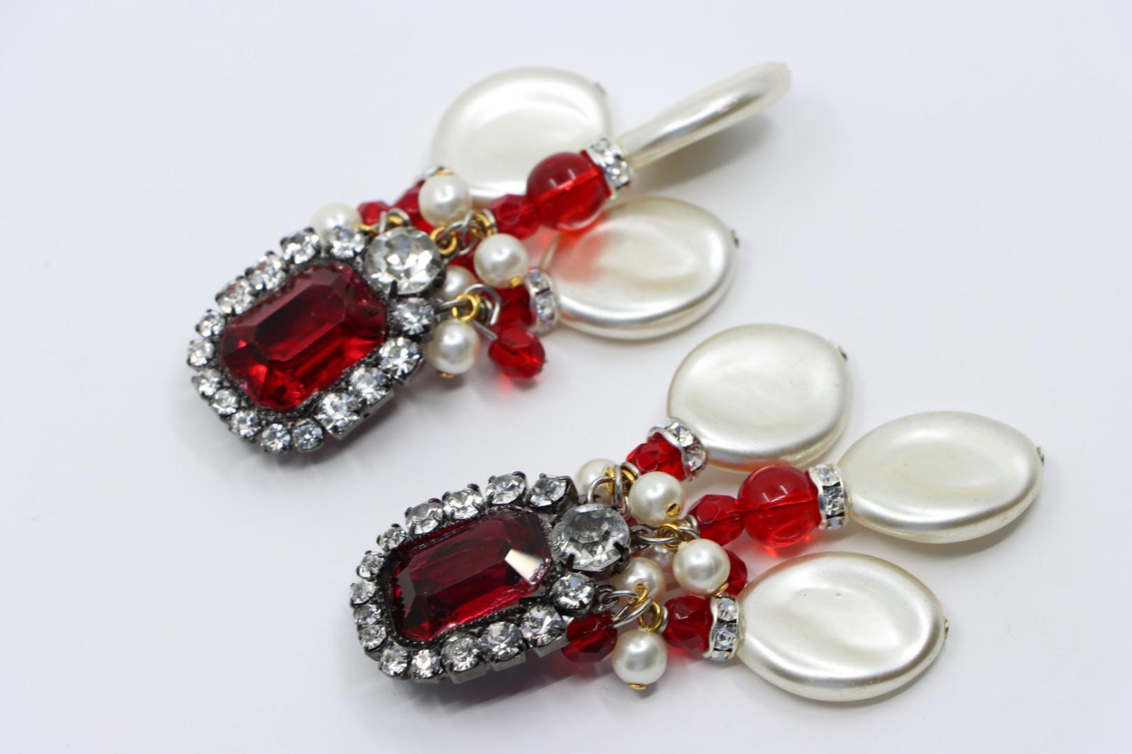 Rare Lawrence Vrba Red Rhinestone Faux Baroque Pearl Necklace & Earrings Parure 11