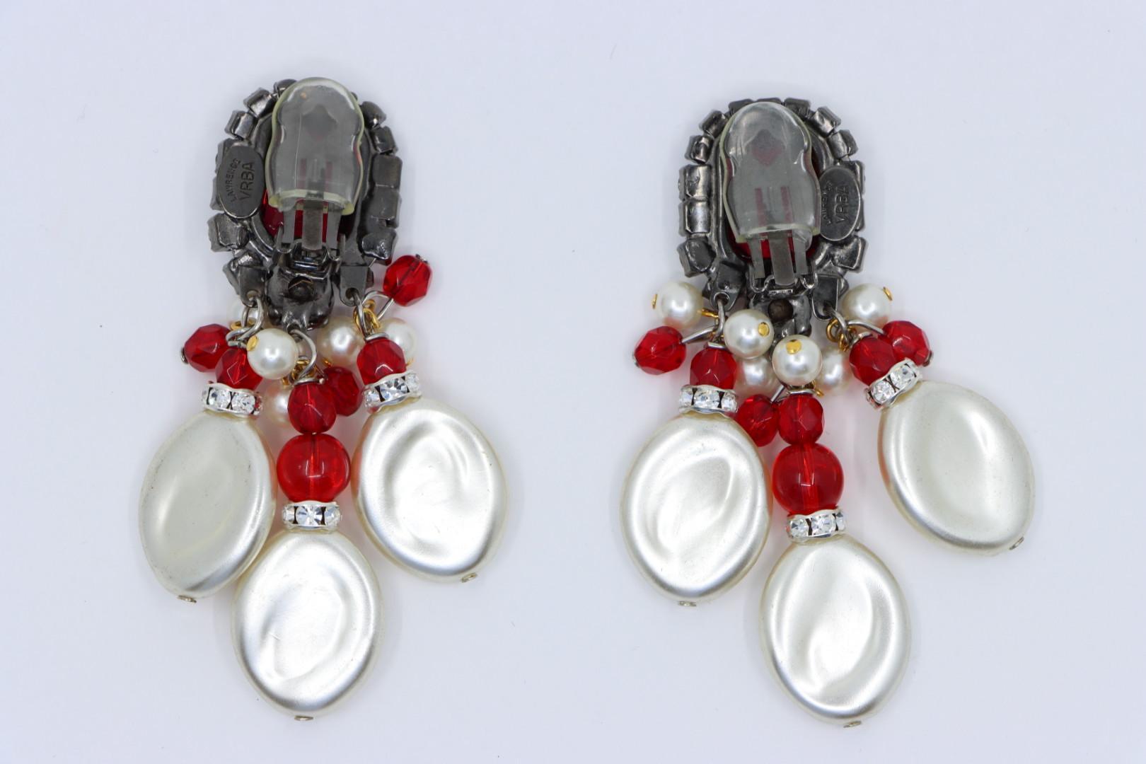 Rare Lawrence Vrba Red Rhinestone Faux Baroque Pearl Necklace & Earrings Parure 13