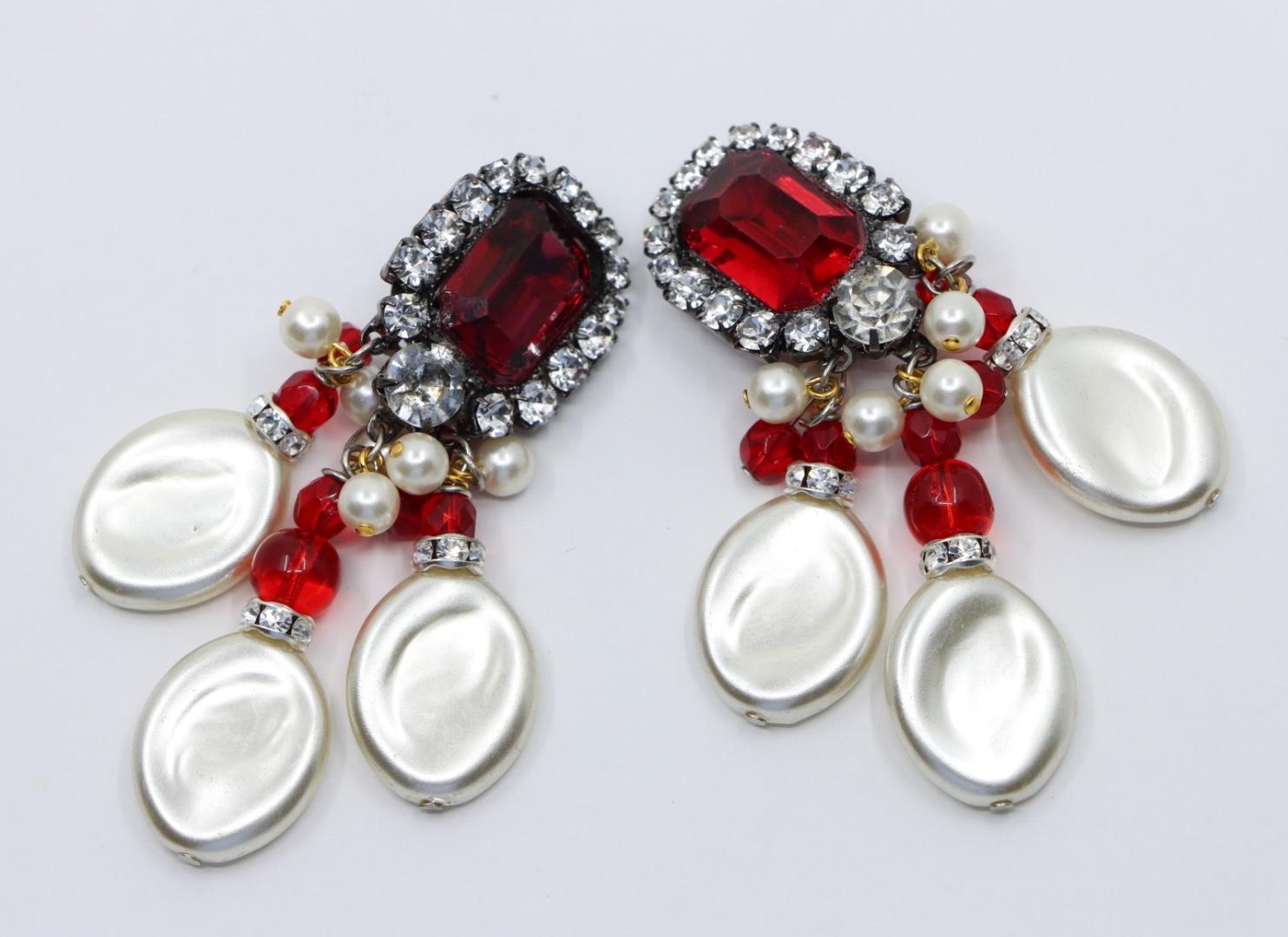 Rare Lawrence Vrba Red Rhinestone Faux Baroque Pearl Necklace & Earrings Parure 14
