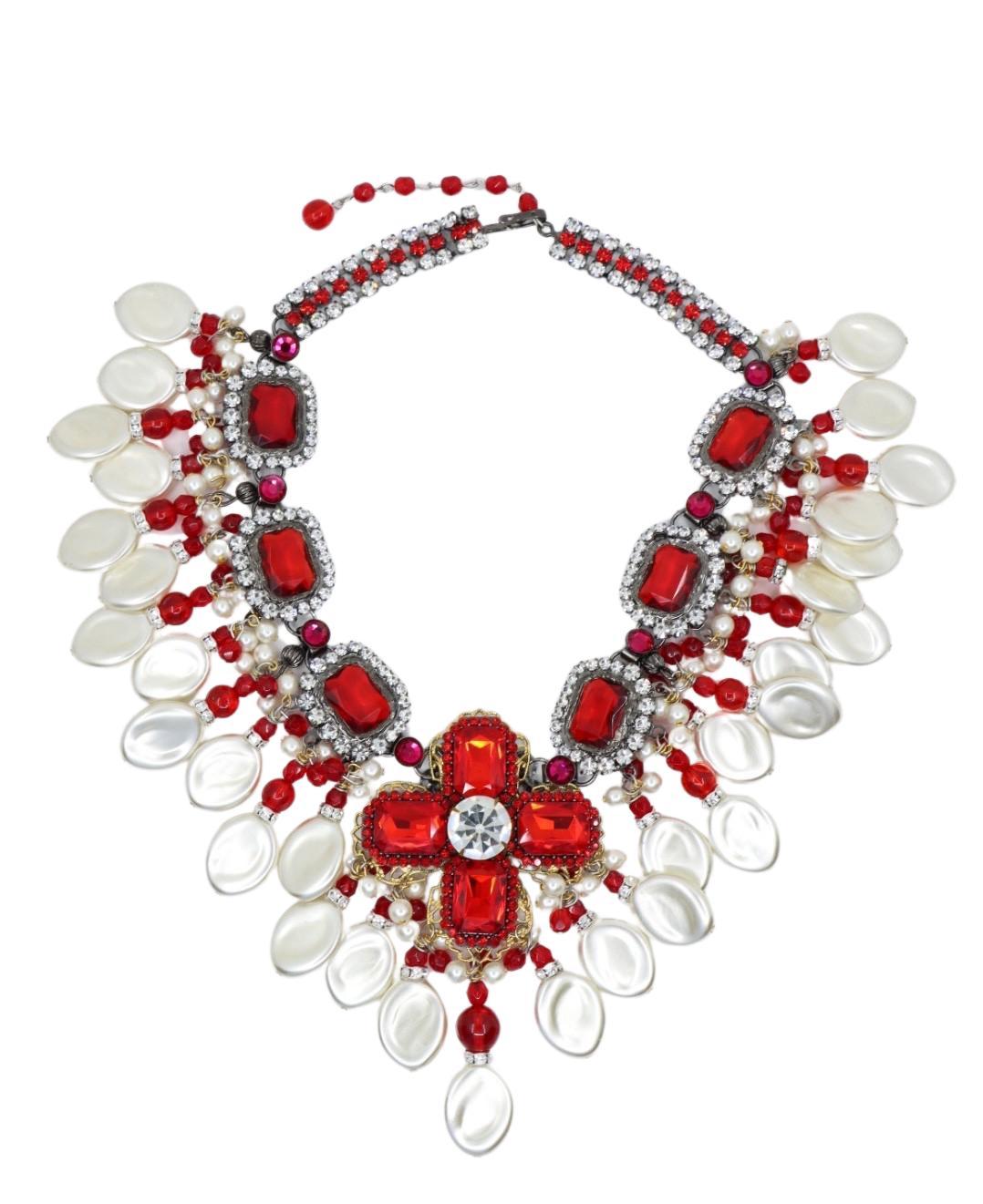 Rare Lawrence Vrba Red Rhinestone Faux Baroque Pearl Necklace & Earrings Parure Bon état - En vente à Flushing, NY