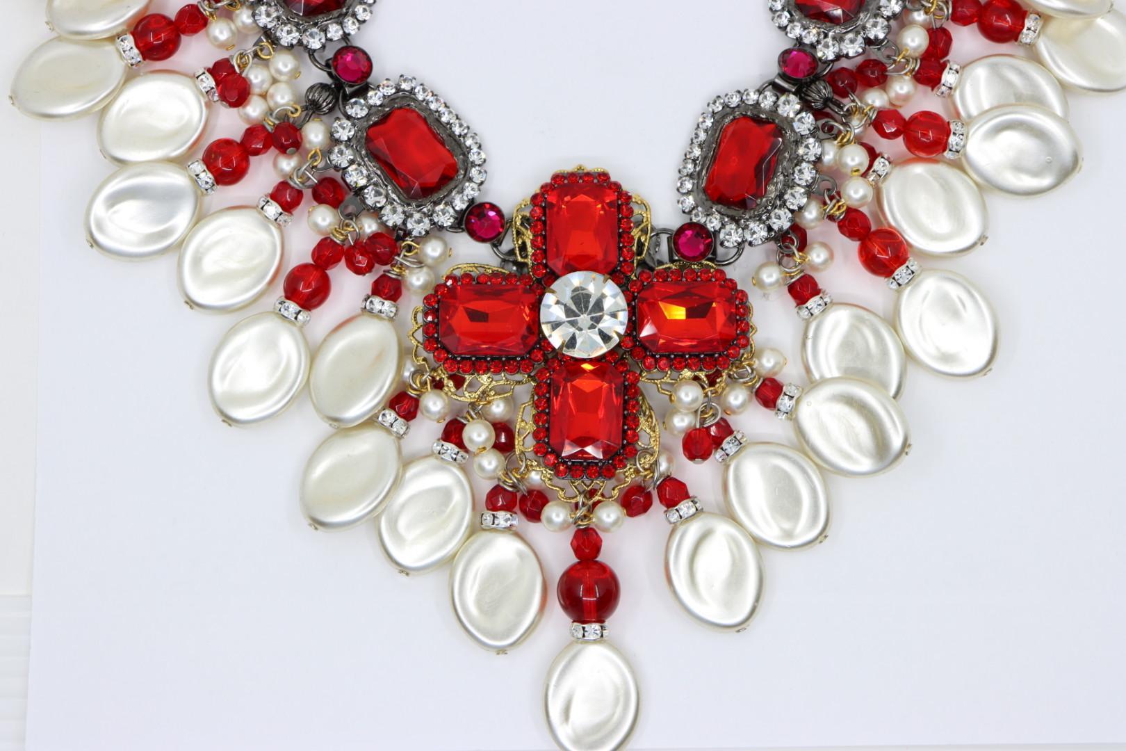 Rare Lawrence Vrba Red Rhinestone Faux Baroque Pearl Necklace & Earrings Parure Unisexe en vente