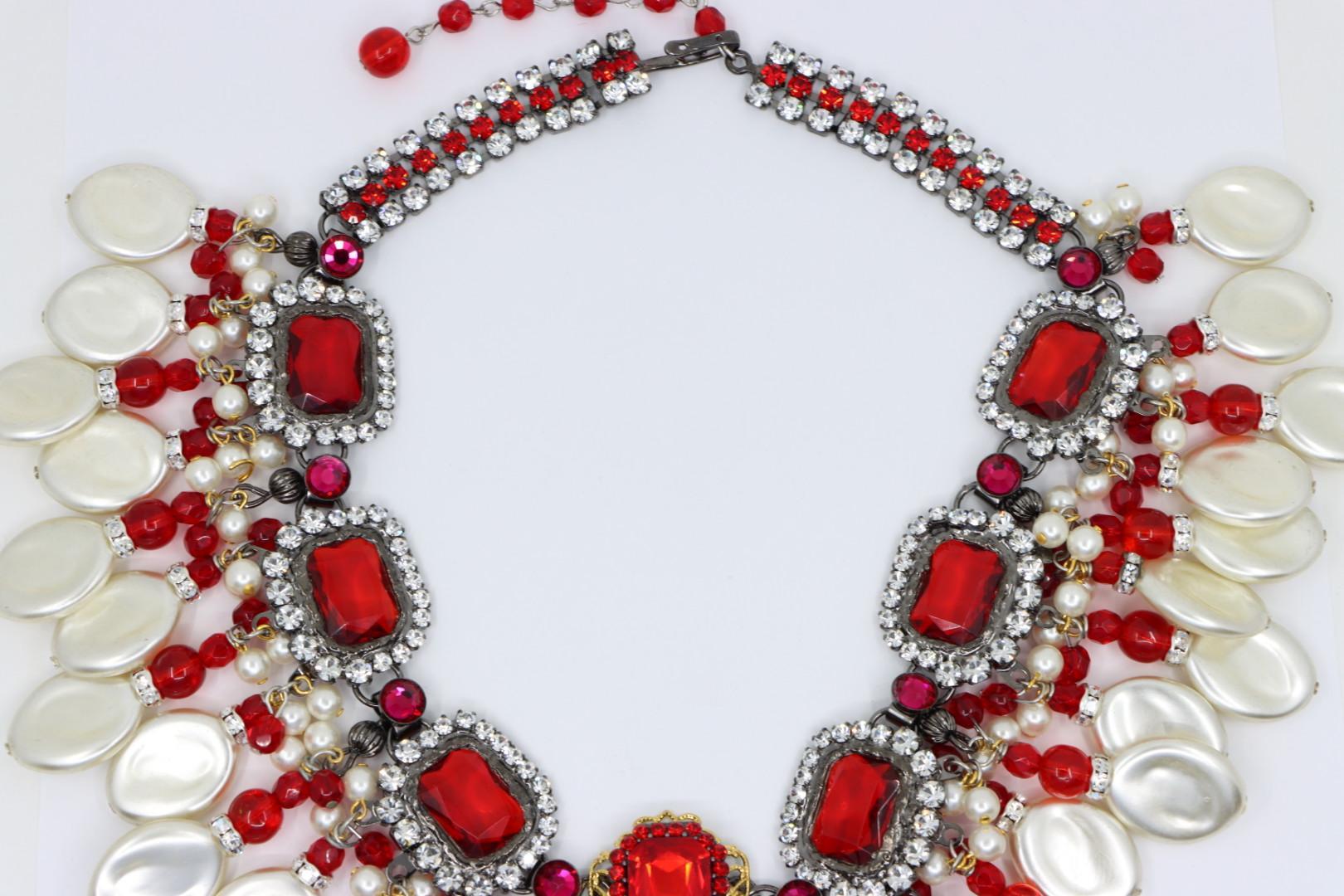 Women's or Men's Rare Lawrence Vrba Red Rhinestone Faux Baroque Pearl Necklace & Earrings Parure