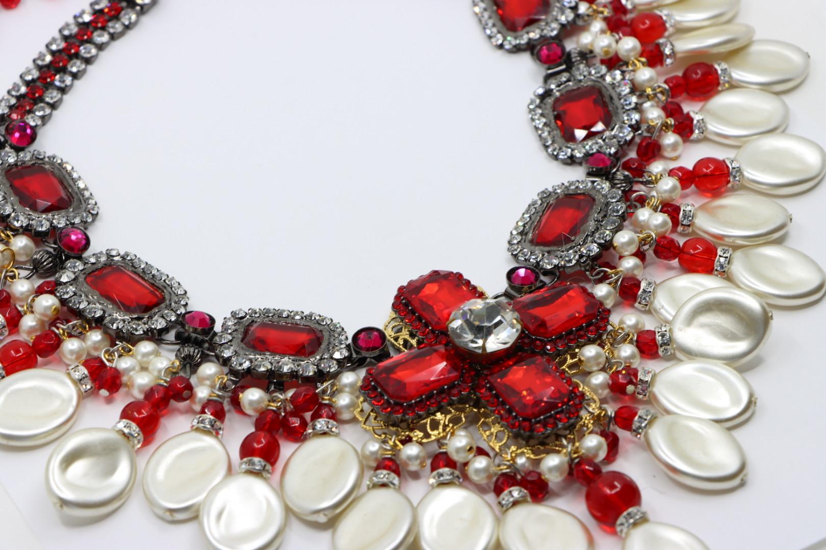 Rare Lawrence Vrba Red Rhinestone Faux Baroque Pearl Necklace & Earrings Parure For Sale 3