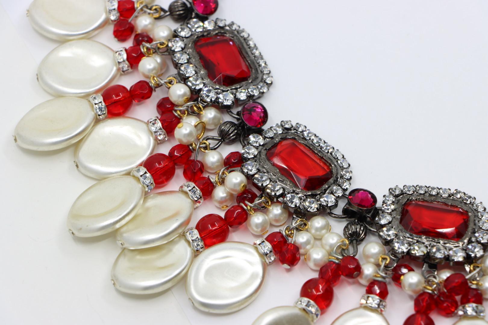 Rare Lawrence Vrba Red Rhinestone Faux Baroque Pearl Necklace & Earrings Parure For Sale 4
