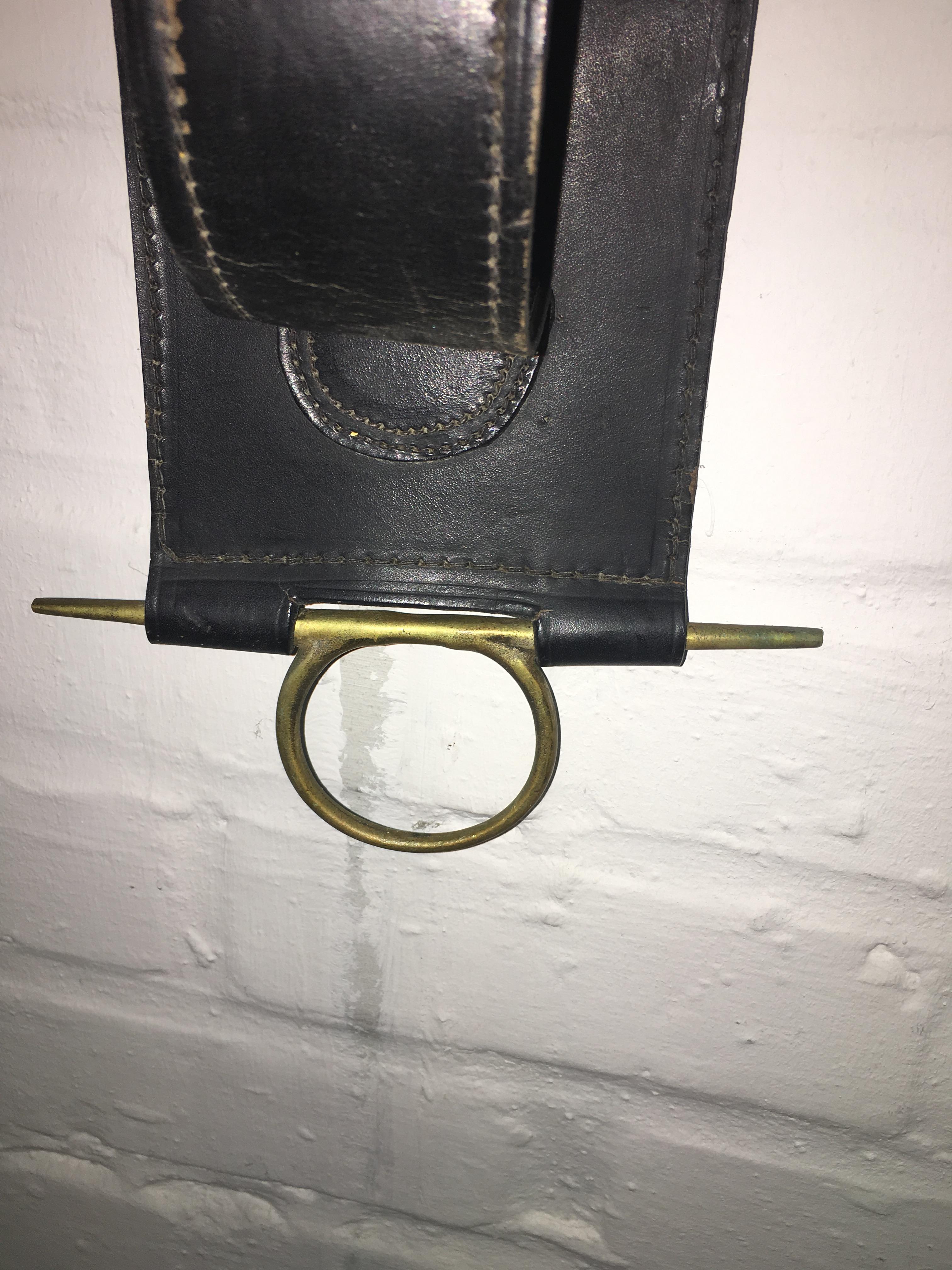 Rare Leather and Brass Magazine Rack Attributed to Jacques Adnet, circa 1950 For Sale 1
