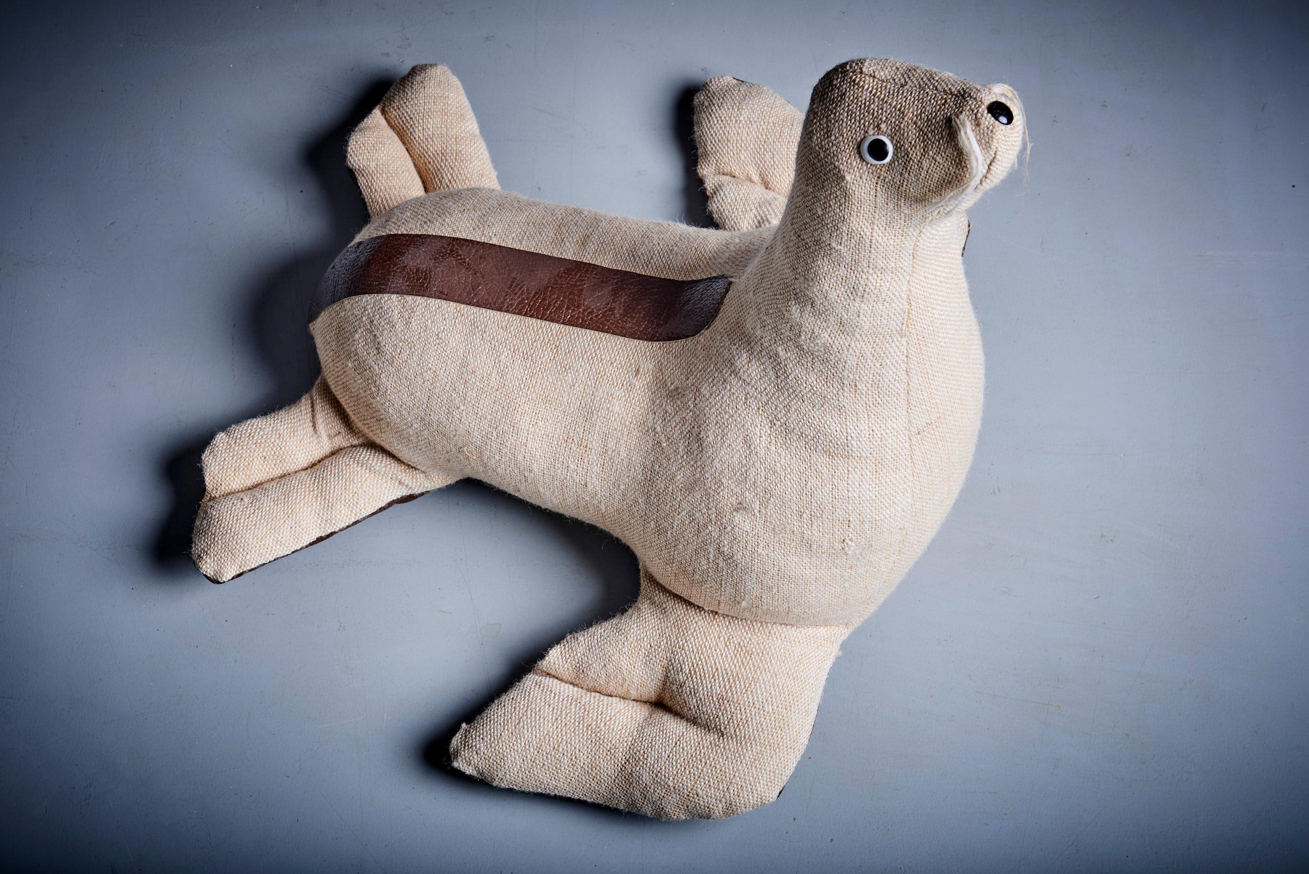 Mid-Century Modern Rare Leather and Jute Therapeutic Toy Seal by Renate Muller For Sale