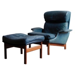 Rare Leather and Rosewood Lounge Chair and Ottoman by Ib Kofod-Larsen