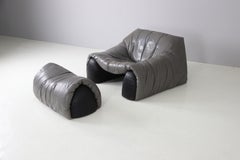 Rare Leather Lounge Chair & Ottoman by Cinna, France, 1970s