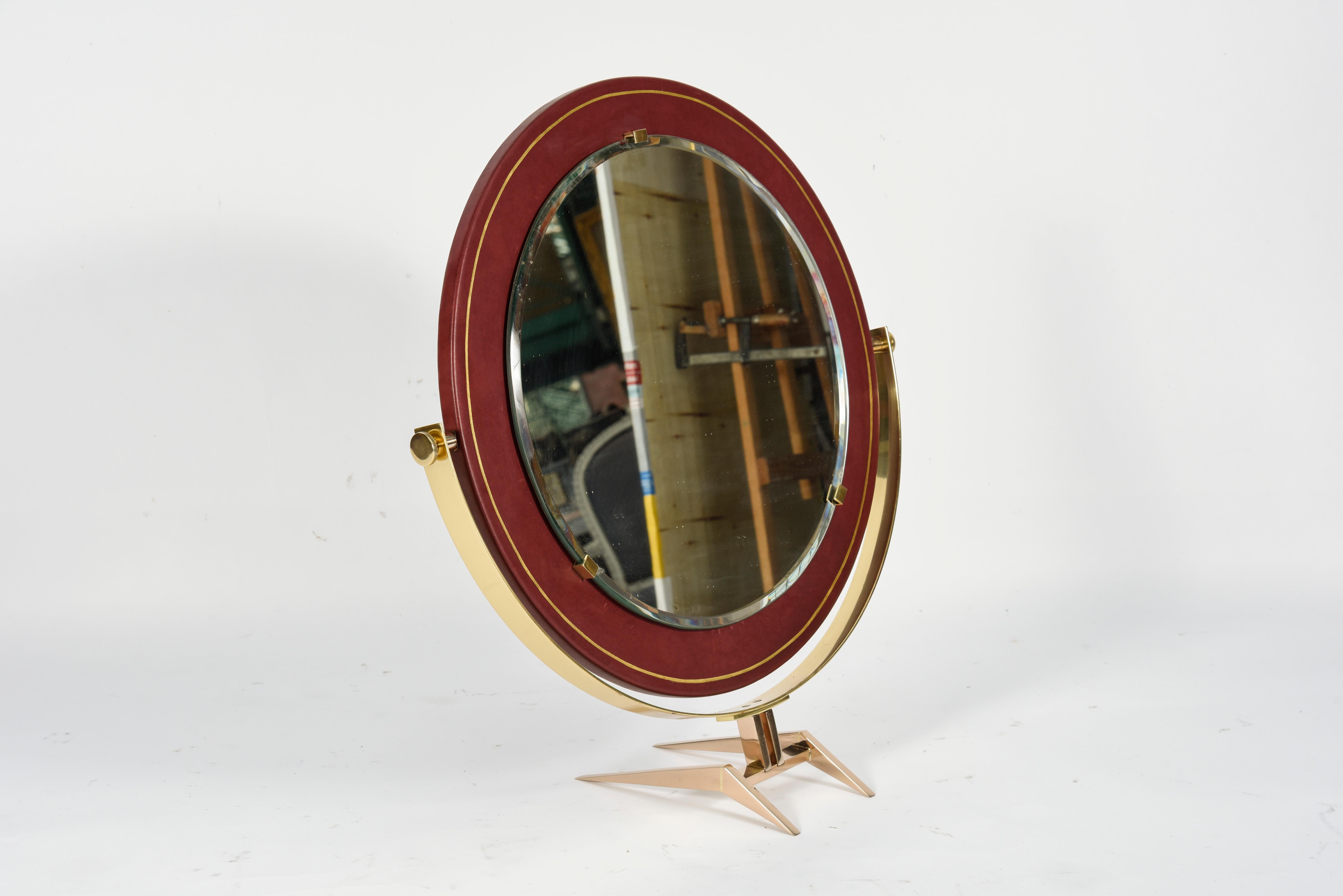 Brass Rare Leather Table Mirror Attributed to Raphael Decorateur For Sale