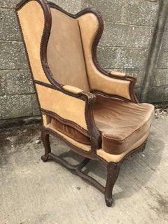 Rare, Leather Wingback French Antique Chair, Oak