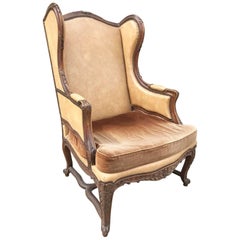 Rare, Leather Wingback French Antique Chair, Oak