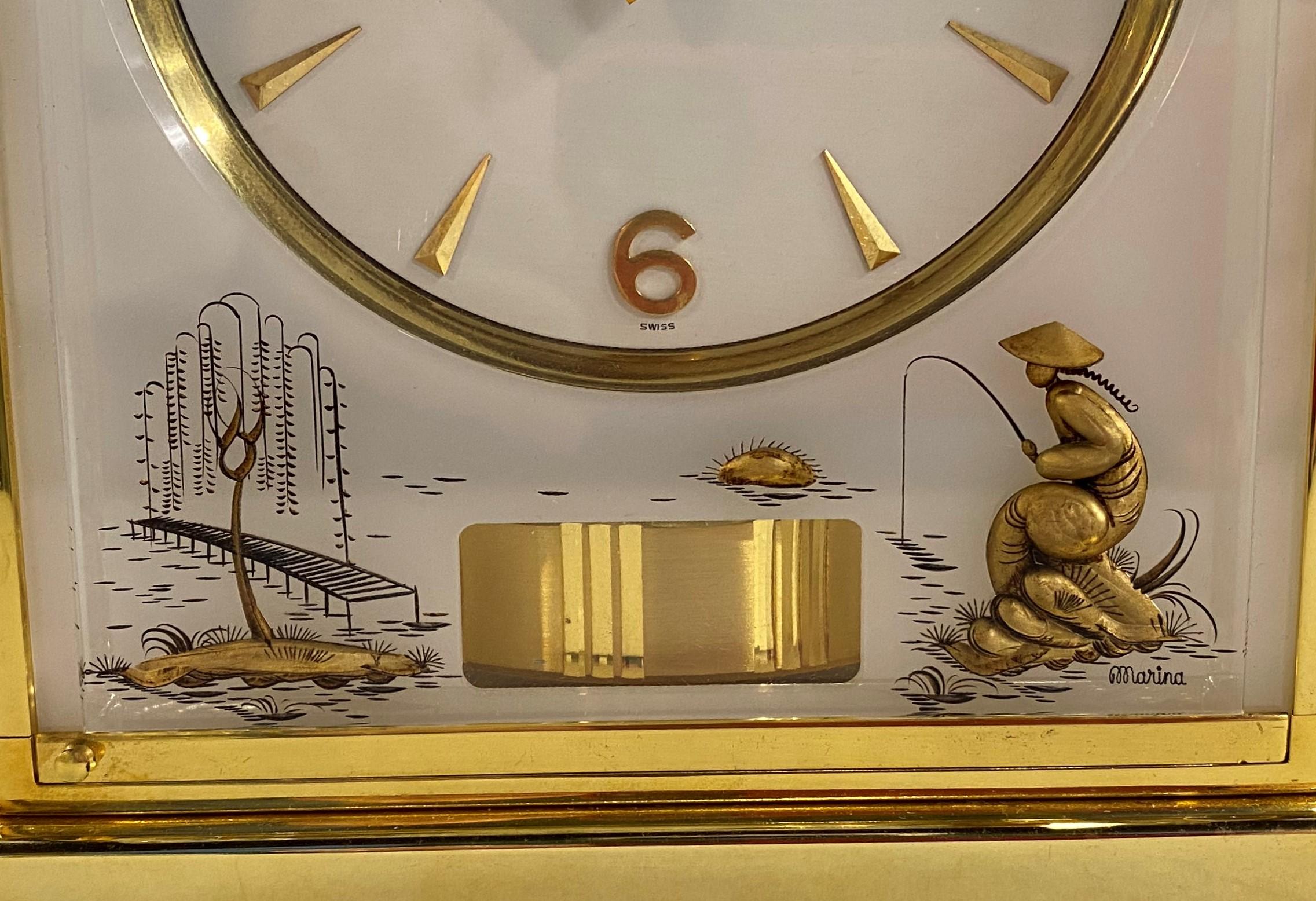 Mid-Century Modern Rare Lecoultre White Marina Atmos Clock with Asian Style Panels