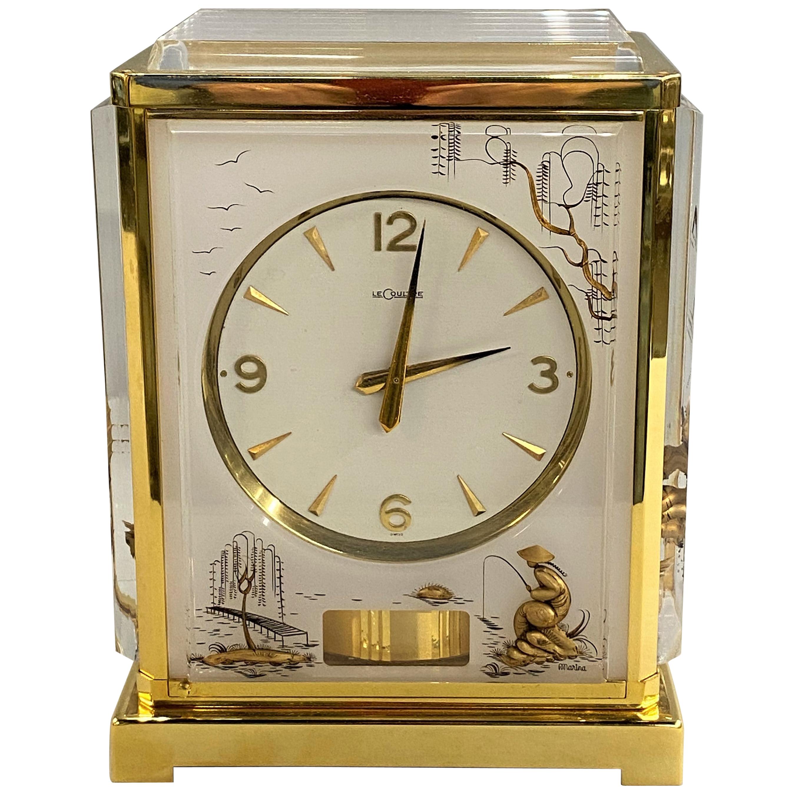 Rare Lecoultre White Marina Atmos Clock with Asian Style Panels